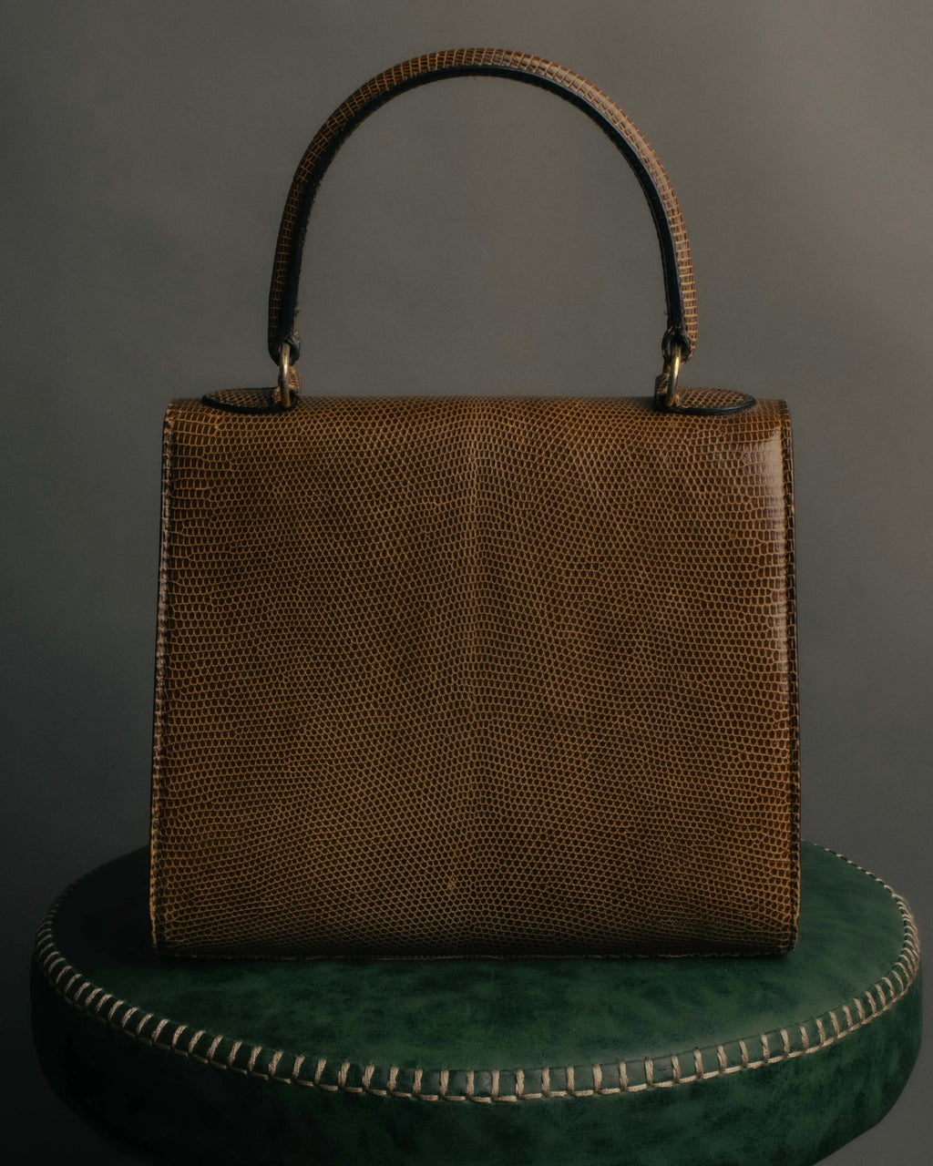"CELINE" 70's-80's Structured lizard embossed leather top handle handbag