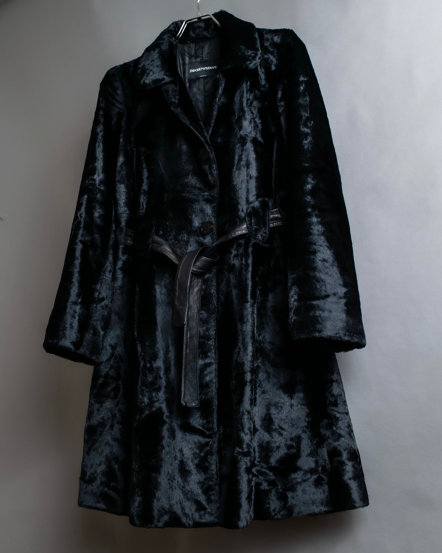 "EMPORIO ARMANI"  Leather belted design velour mid length gown coat