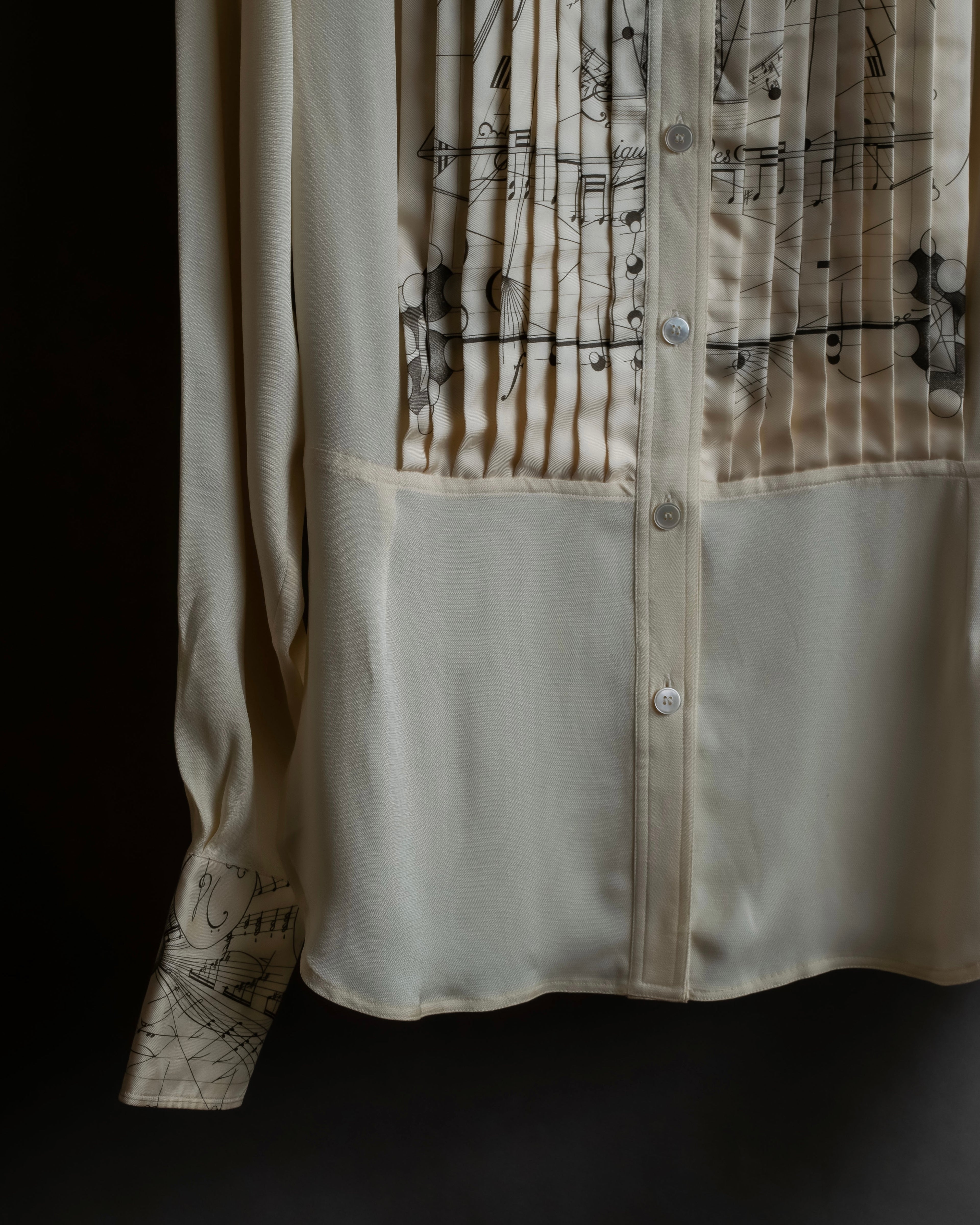 "HERMES" 90's Musical score motif front pleated shirt
