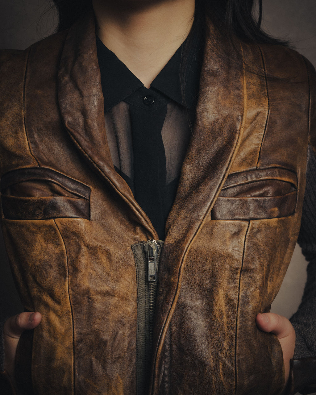 -SPECIAL- “Rick Owens” 00’s Washed lamb leather rib sleeve jacket