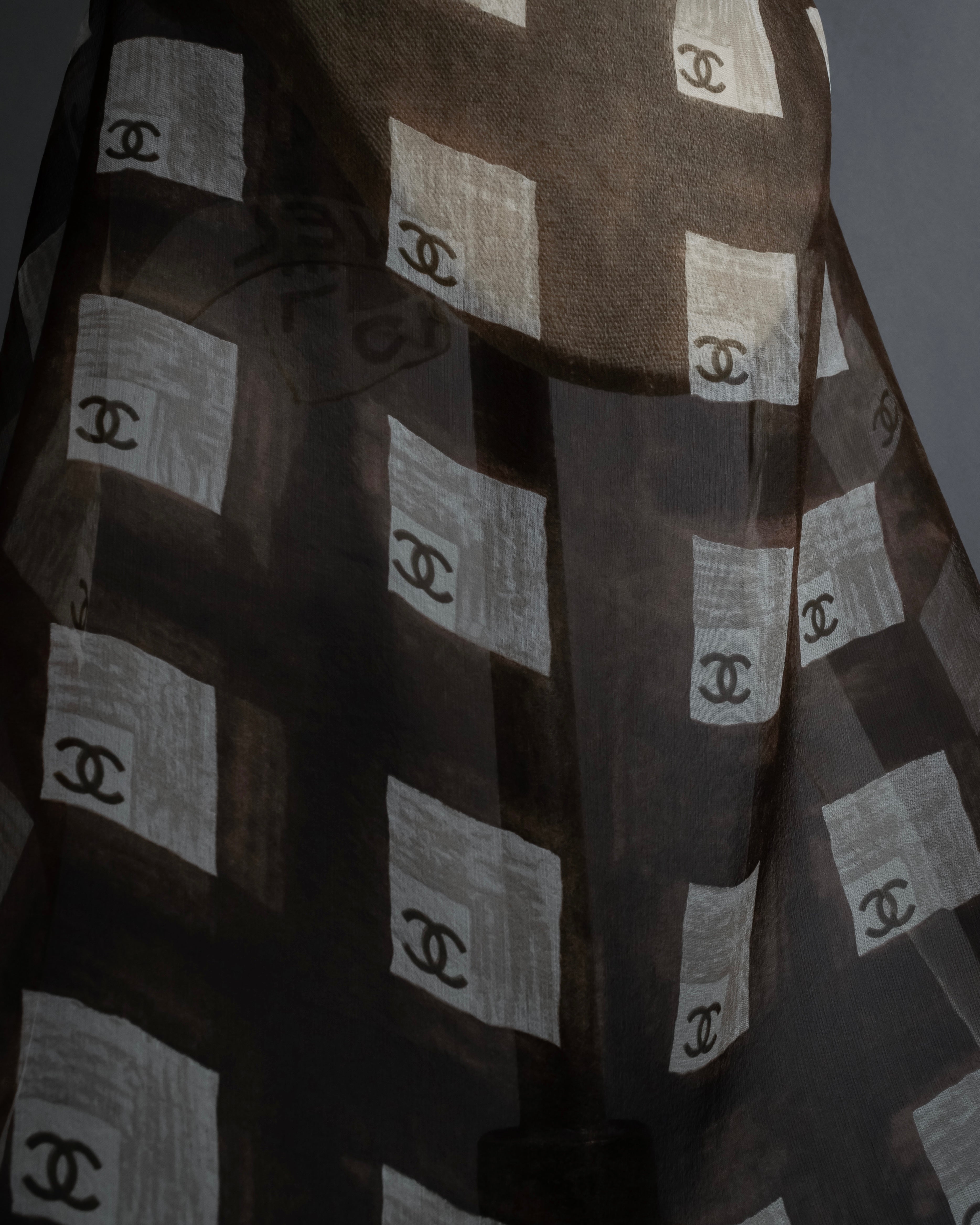 "CHANEL" 90's Square icon logo pattern sheer silk scarf