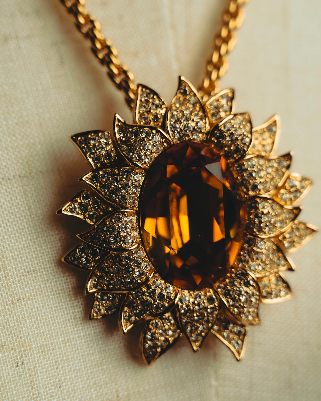-SPECIAL- “Christian Dior” 80’s-90’s Sunburst amber glass pendant brooch