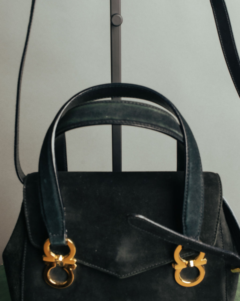 “Salvatore Ferragamo” 1995 Double gancini suede leather handbag