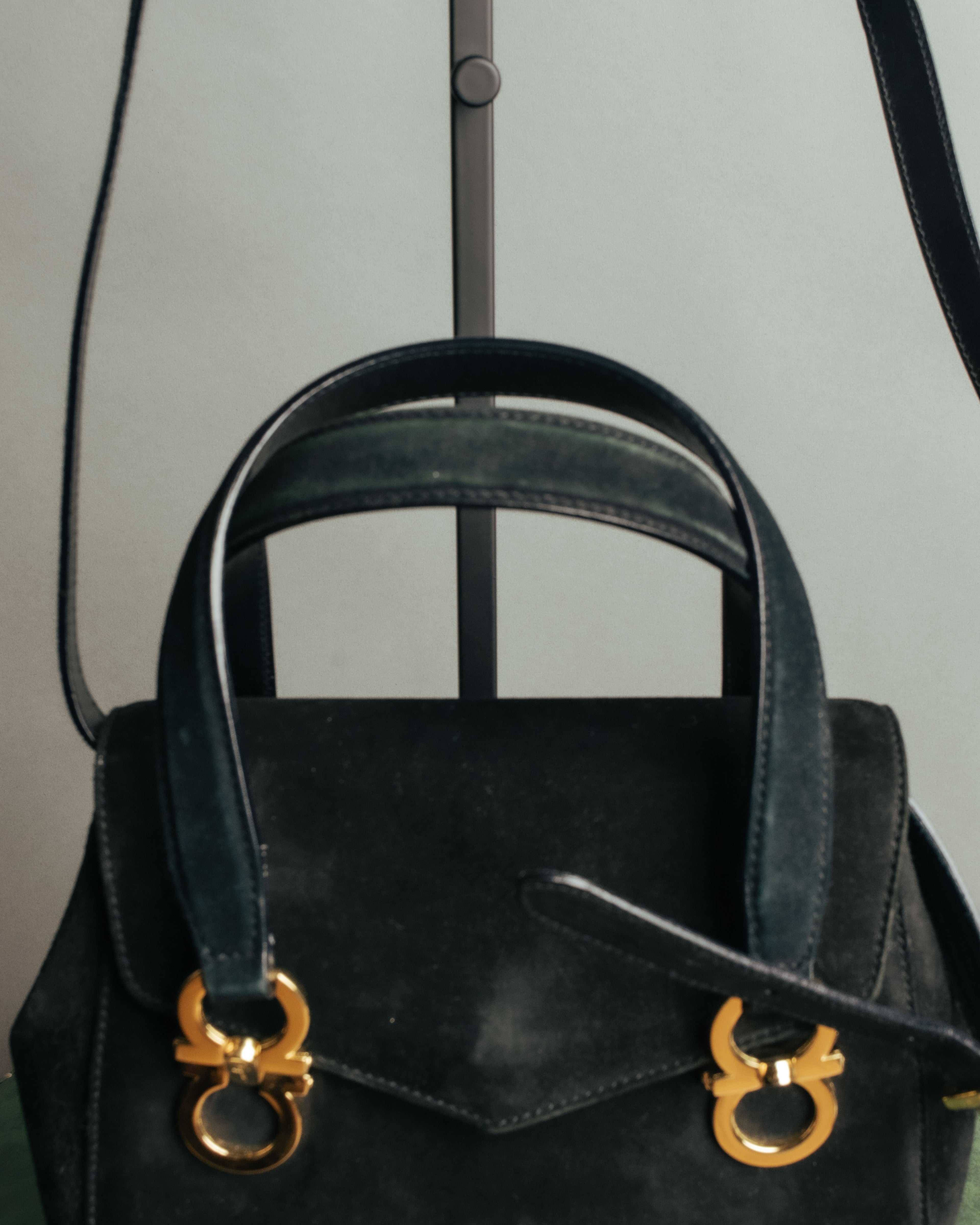 “Salvatore Ferragamo” 1995 Double gancini suede leather handbag