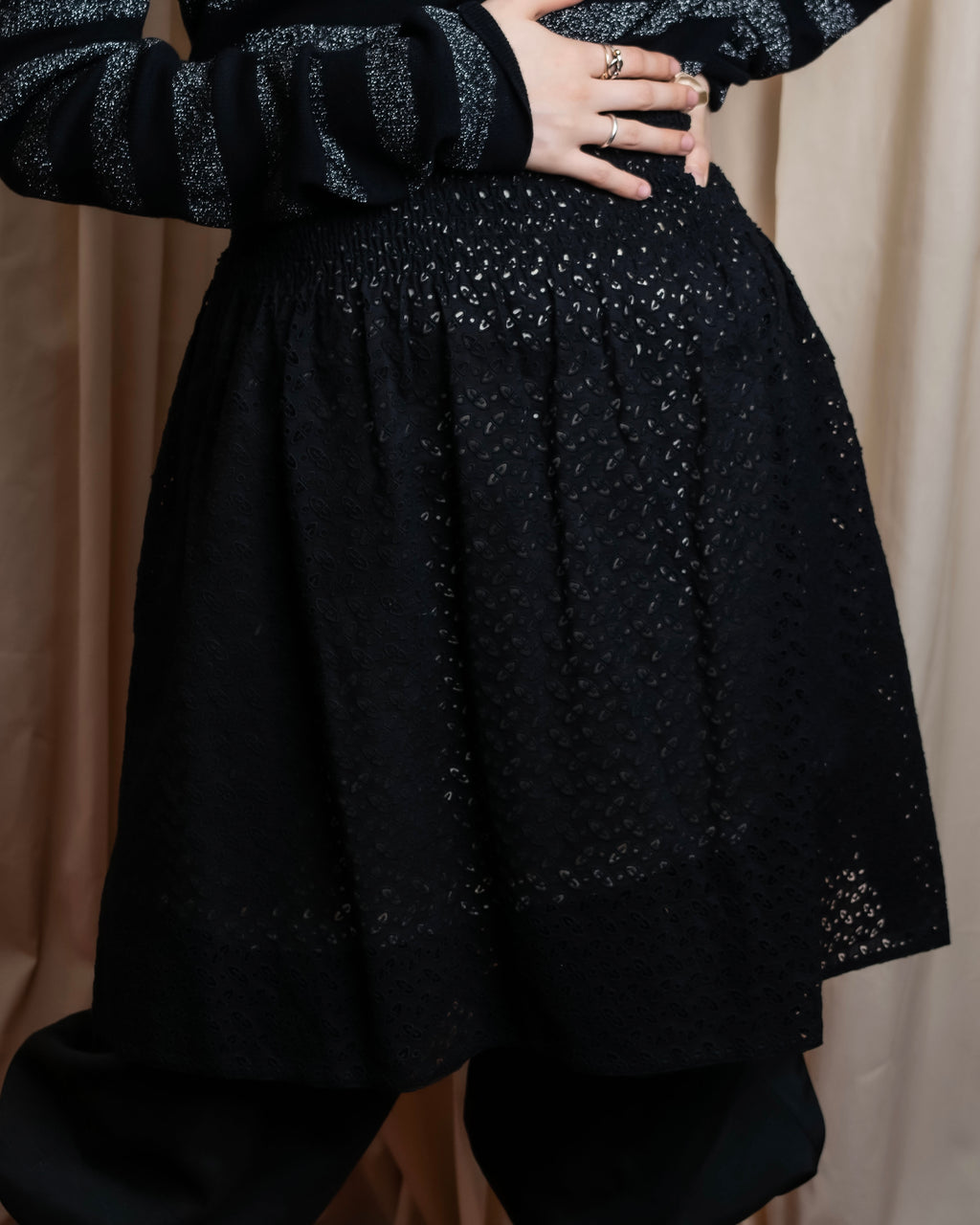 "PRADA" Embroidered design layered mid length flared skirt