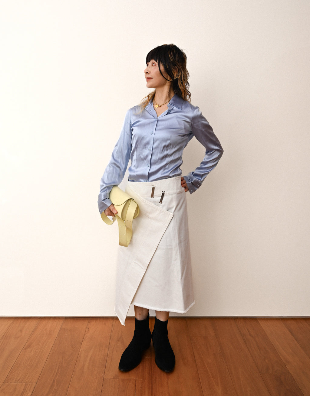 CÉLINE by Phoebe Philo/ Metal Hook Detail Denim Wrap Skirt White