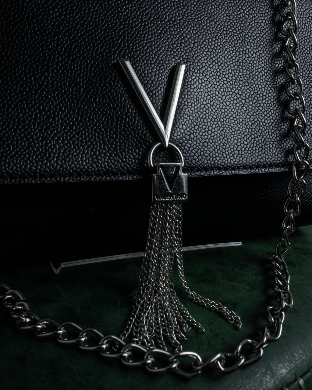 "VALENTINO" Textured leather V tassel chain shoulder bag