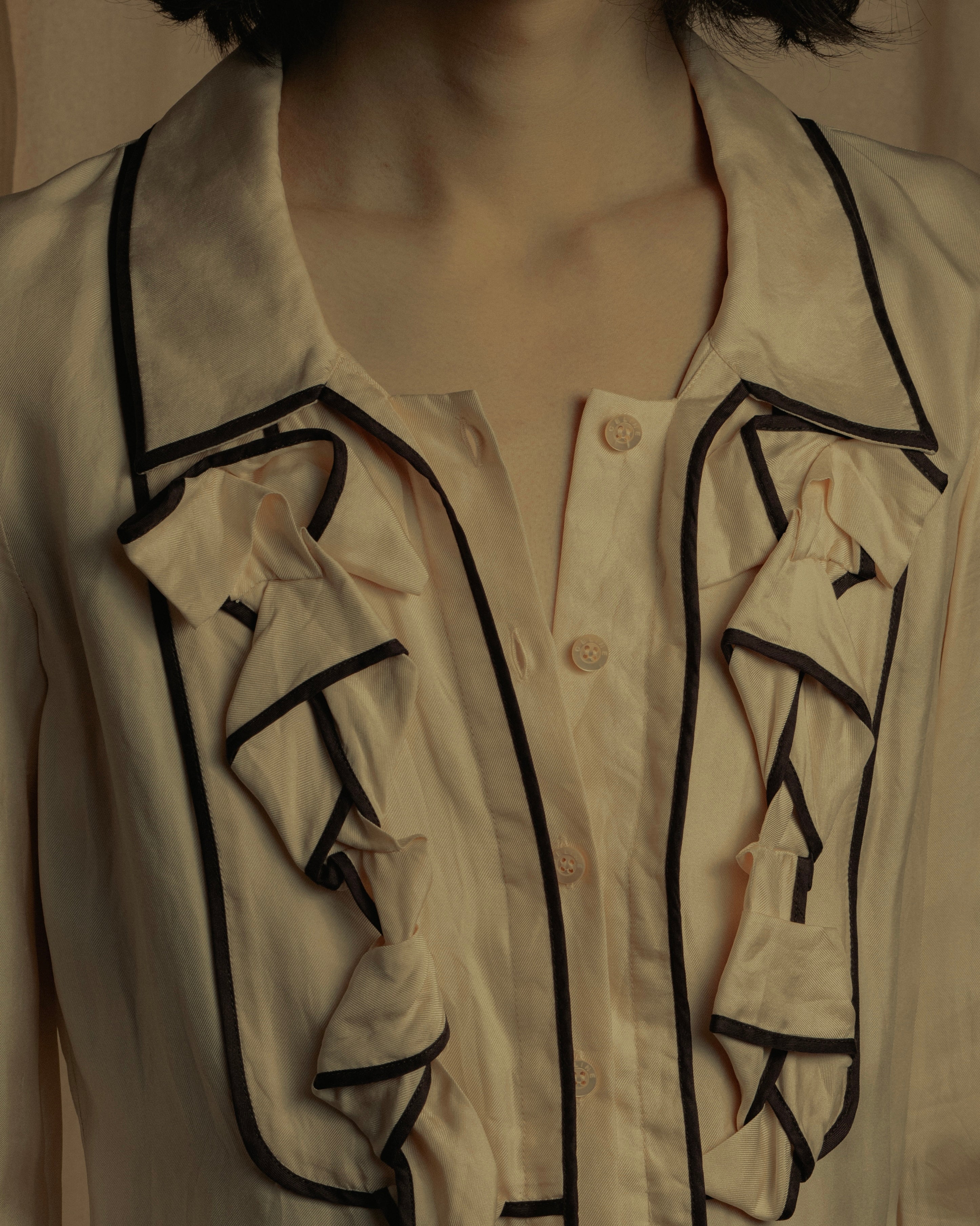 "CELINE" 00’s Piped ruffle silk blouse