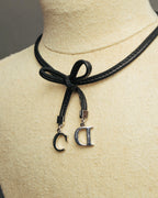 "Christian Dior" Ribbon charm leather cord choker necklace