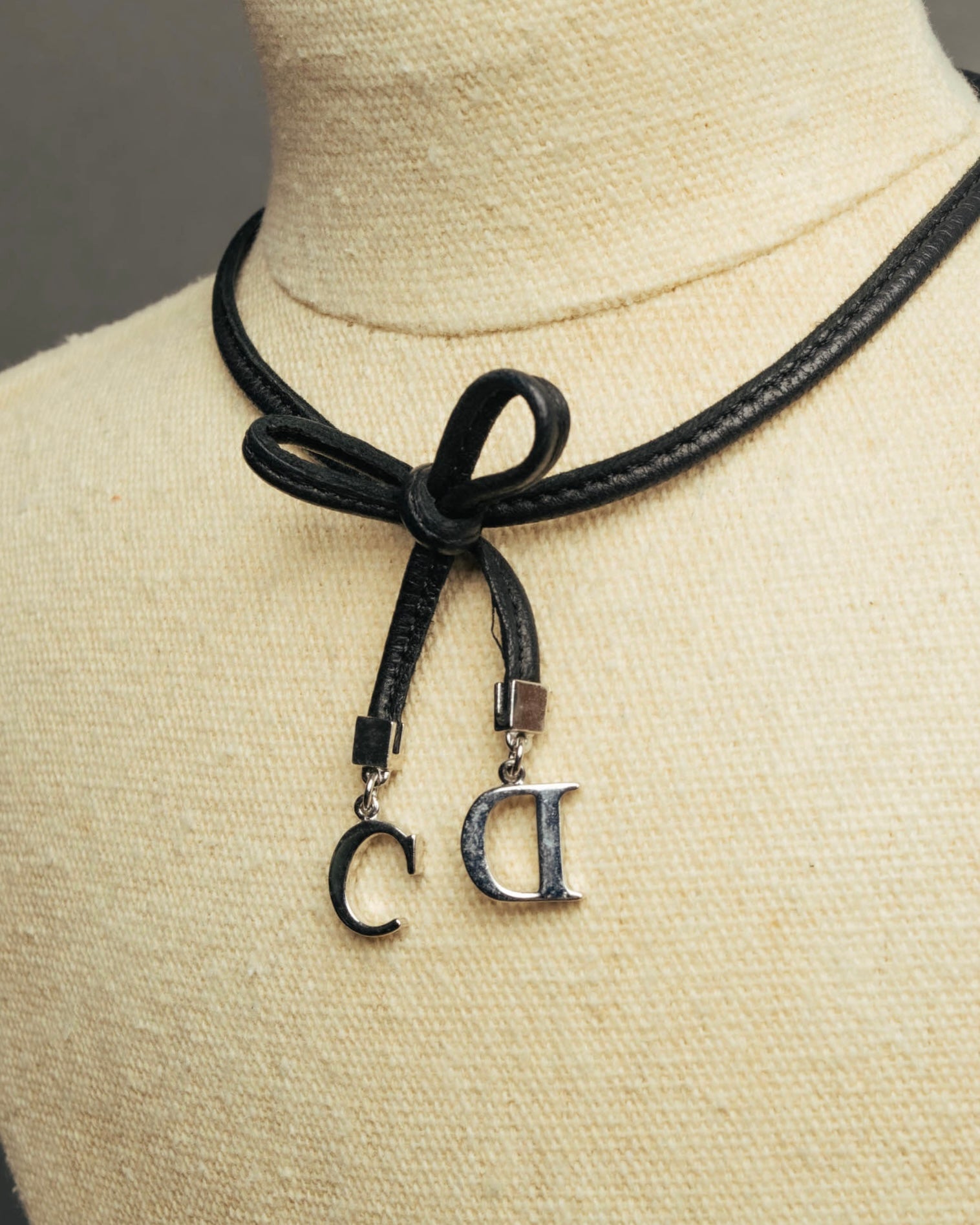 "Christian Dior" Ribbon charm leather cord choker necklace