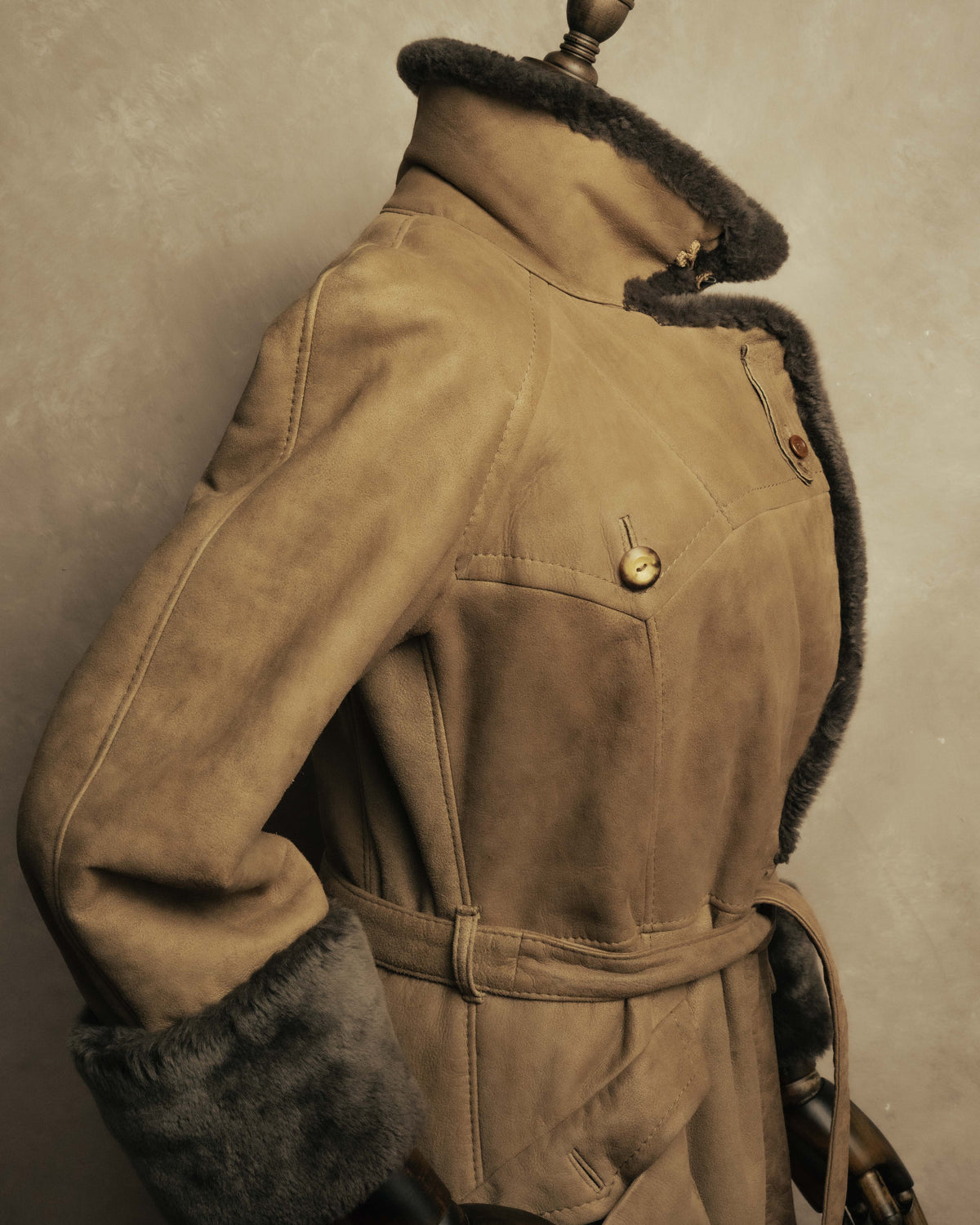 “LOEWE” 70’s-early 90’s Suede shearling belted long coat