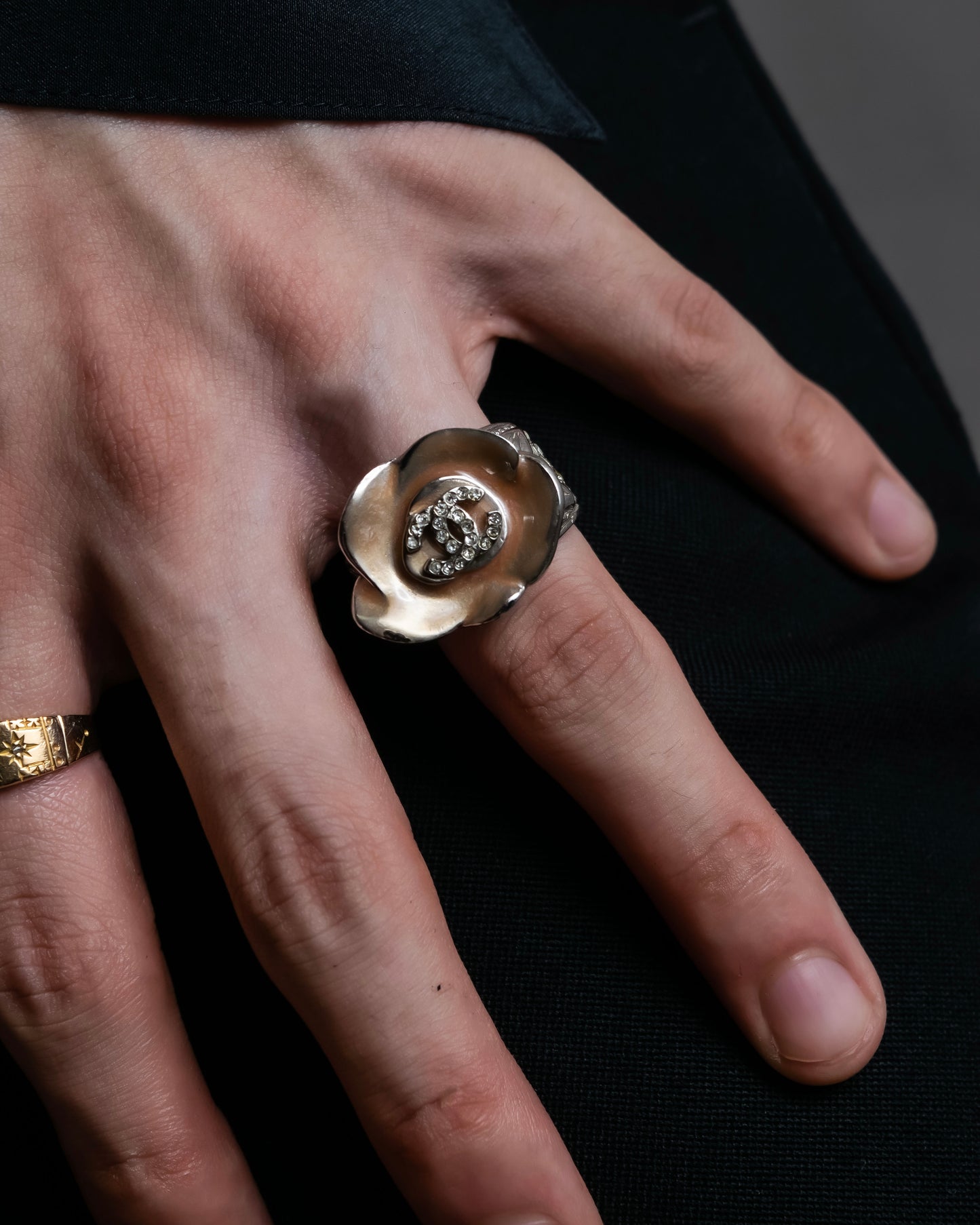 "CHANEL" Camellia motif rhine stone coco mark ring