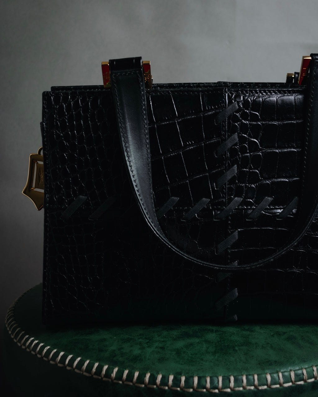 "YVES SAINT LAURENT" 90’s crocodile embossed lace up handbag