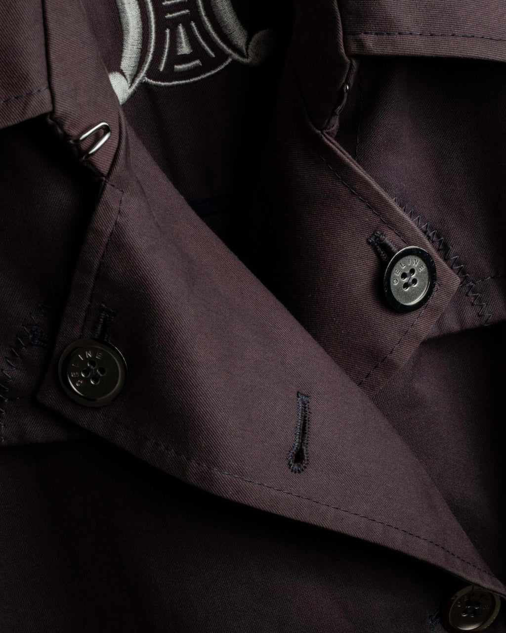 "CELINE" Triomphe button design in plum brown color
 trench coat