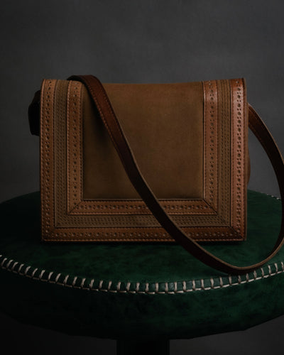 “YVES SAINT LAURENT” 70’s-80’s Brogued suede flap shoulder bag