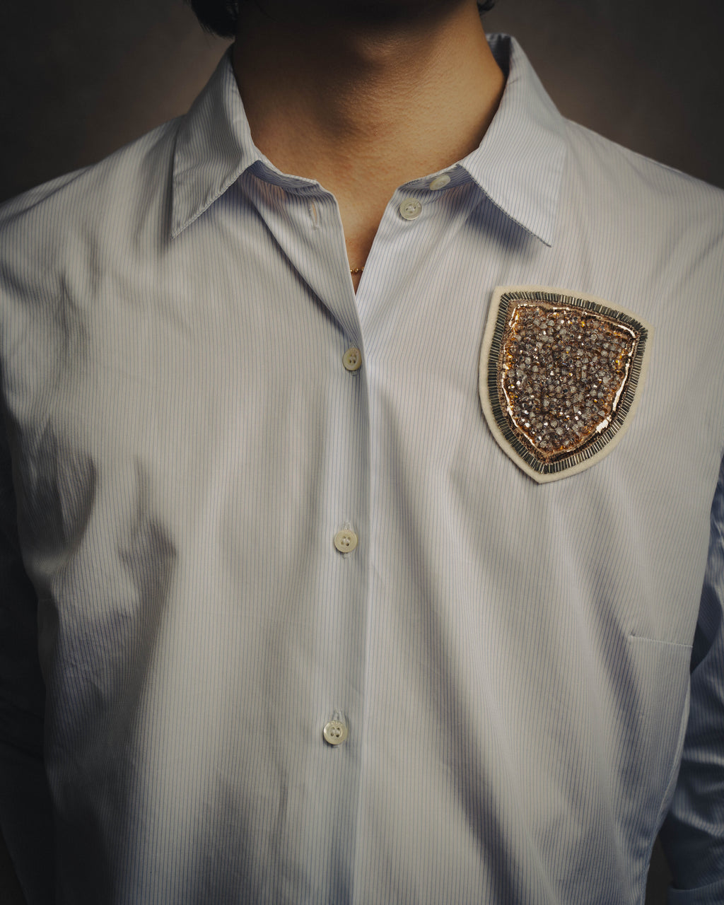 -SPECIAL- "Christian Dior" 00's-10's Embellished shield crest striped ruched sleeve shirt