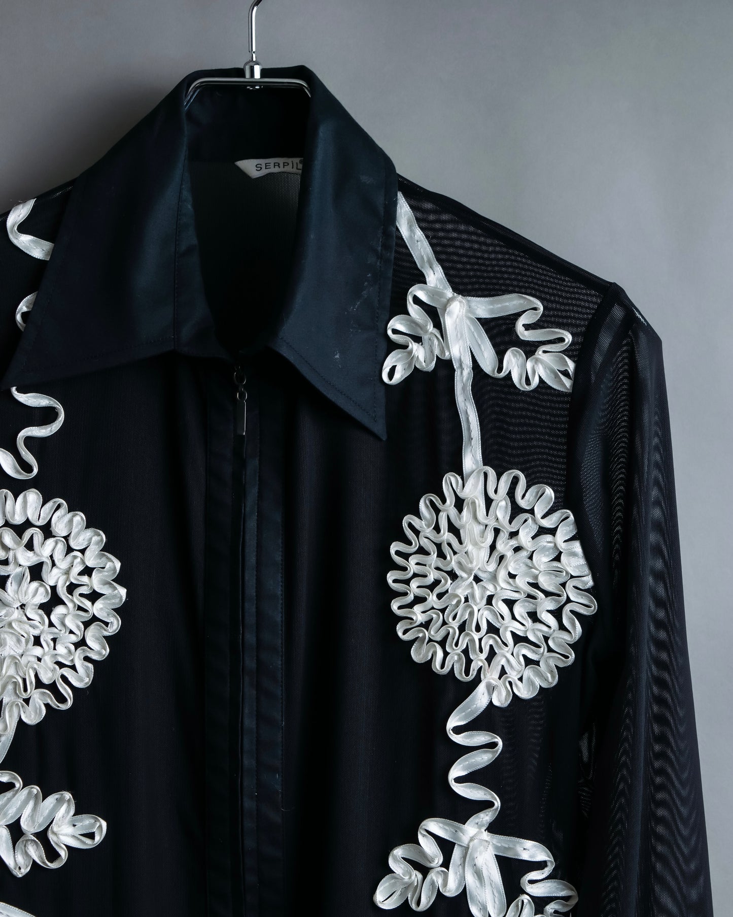 Vintage double zip ribbon flower design sheer jacket