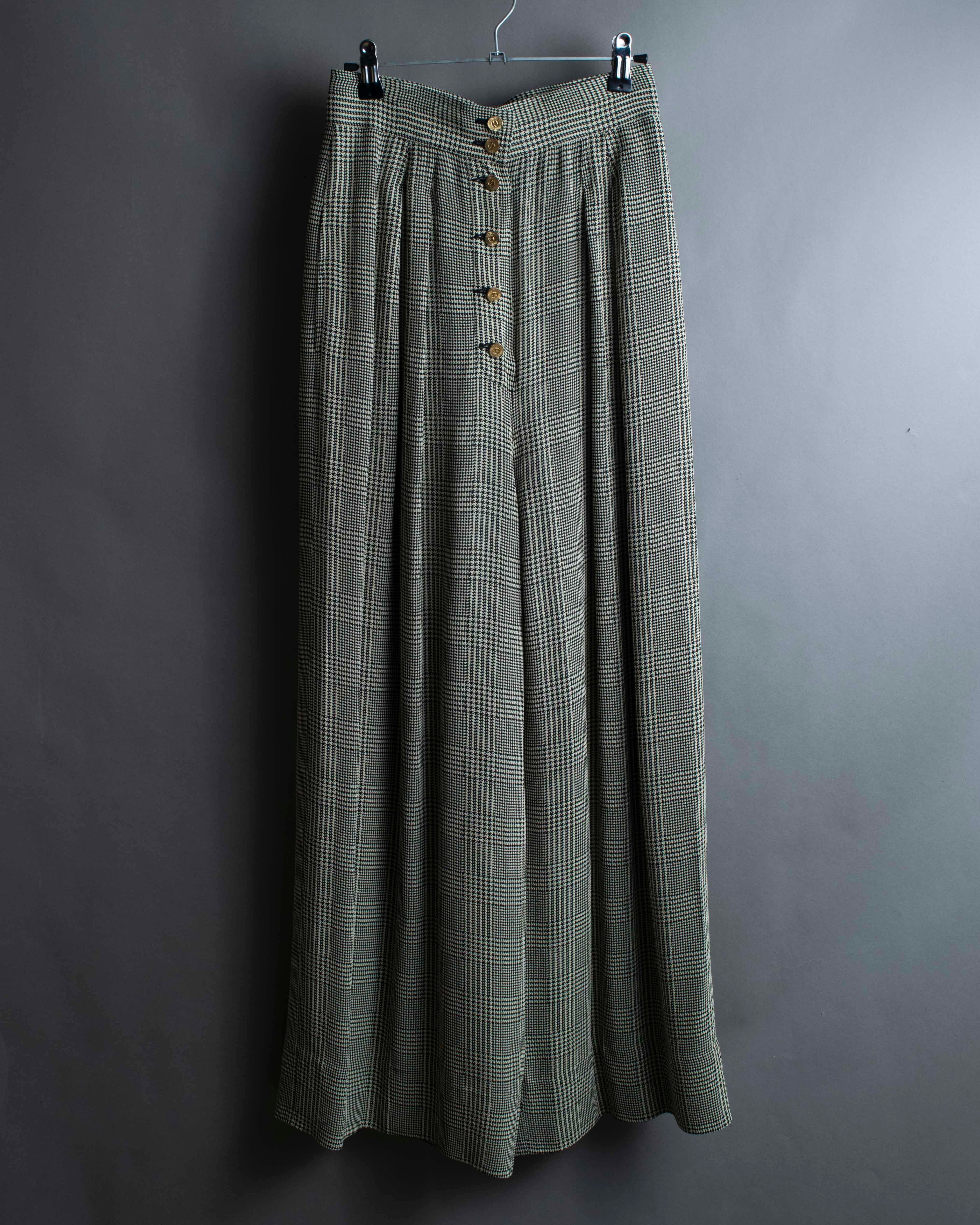 "CHANEL" Coco mark button fly detail houndstooth pattern wide slacks