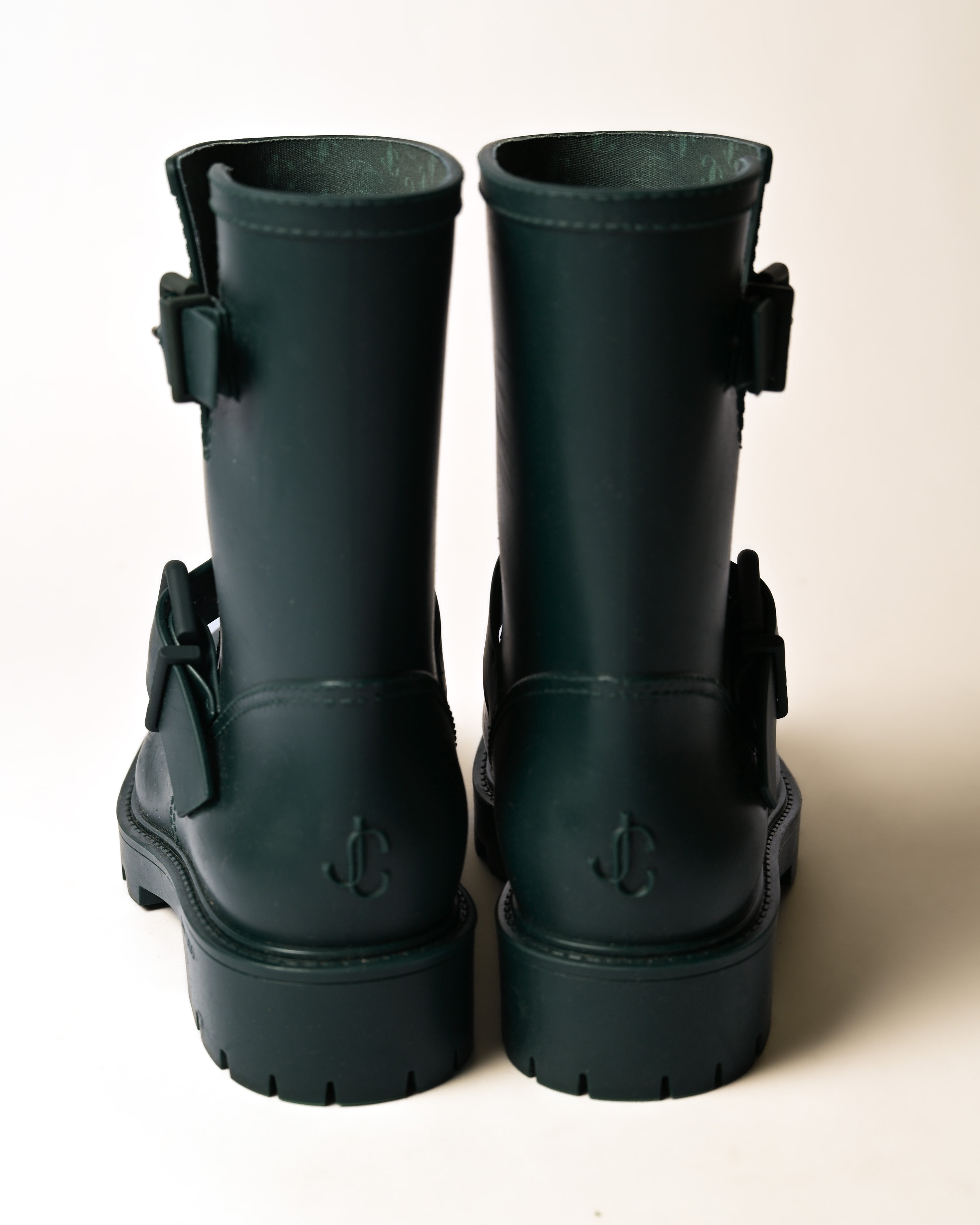 JIMMY CHOO/ Belts Detailed Rubber Rain Boots Dark Green