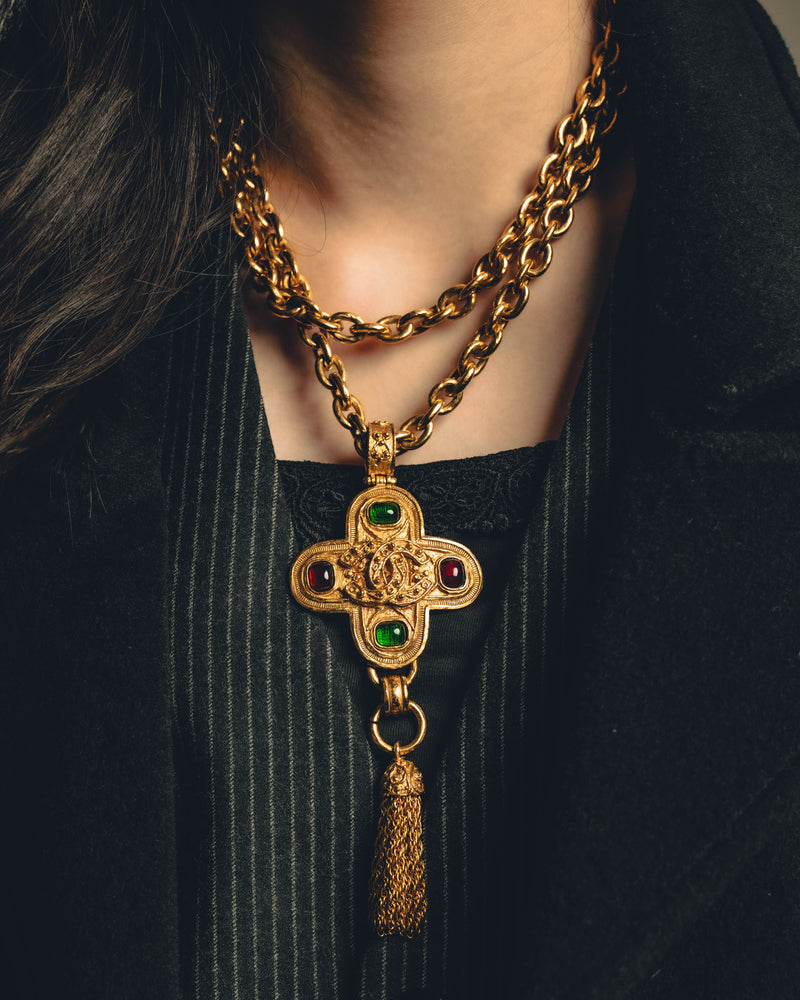 -SPECIAL- “CHANEL” 1994 AW Gripoix glass cross pendant tassel necklace