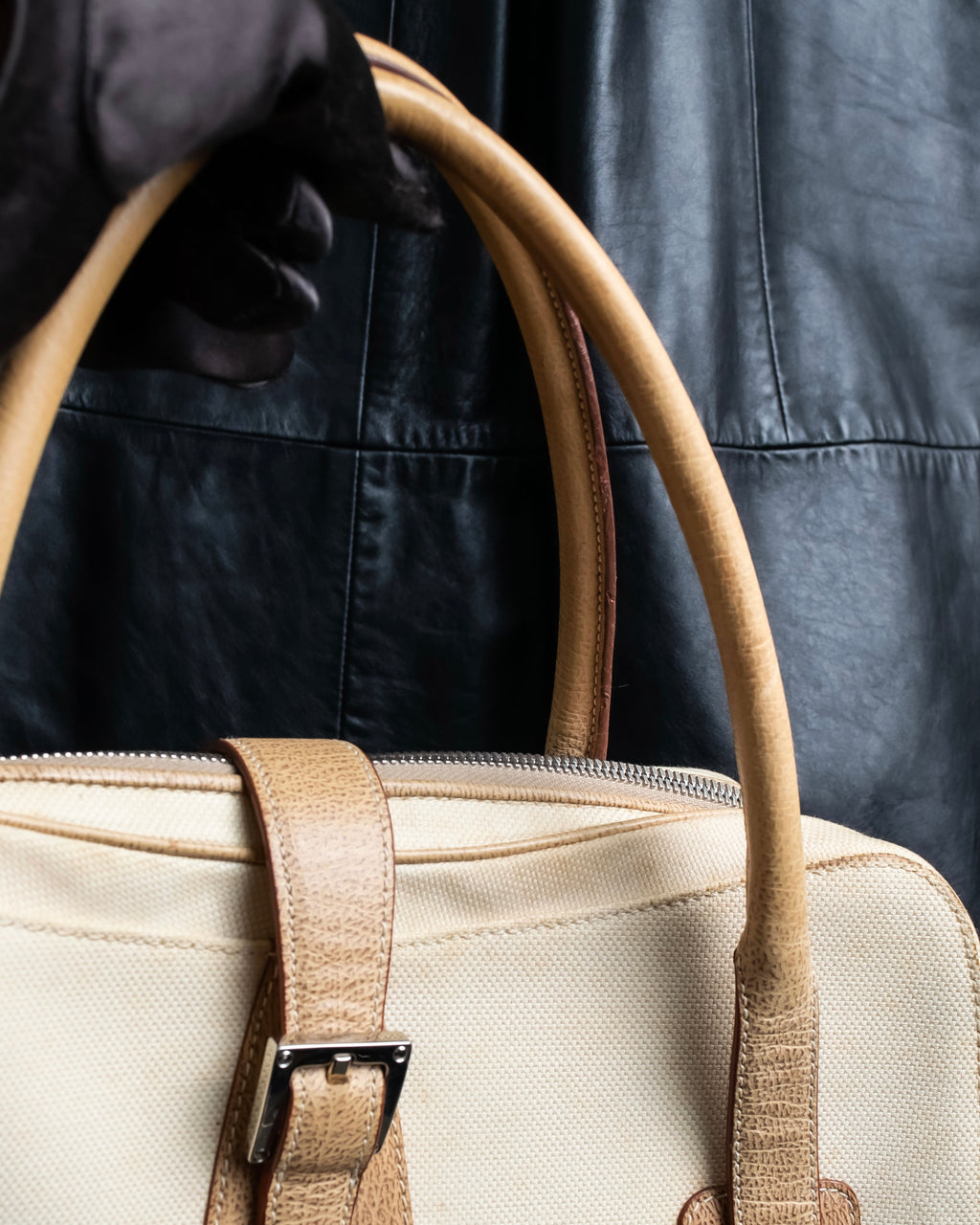 “LOEWE” Leather belted design bicolor handbag