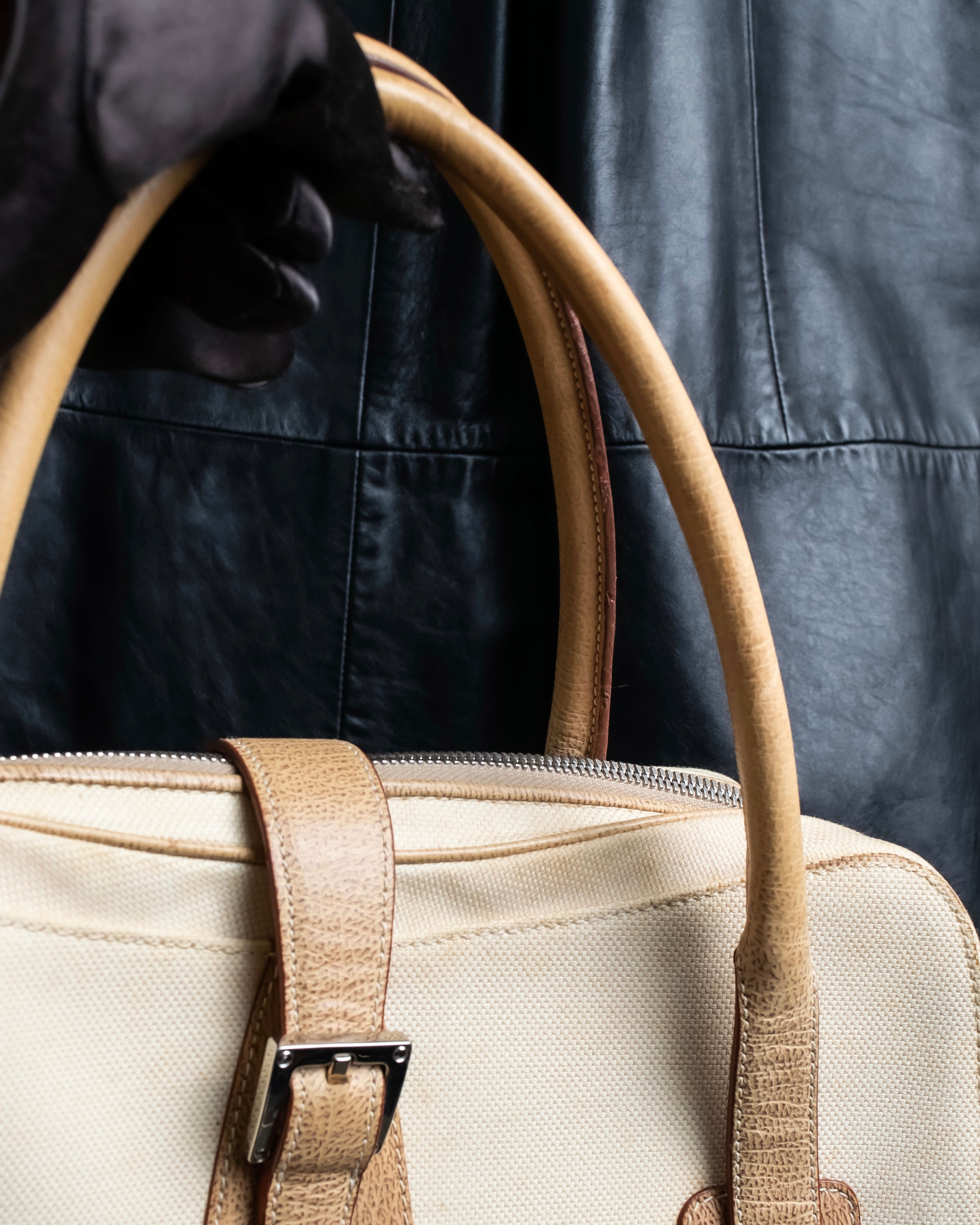 “LOEWE” Leather belted design bicolor handbag