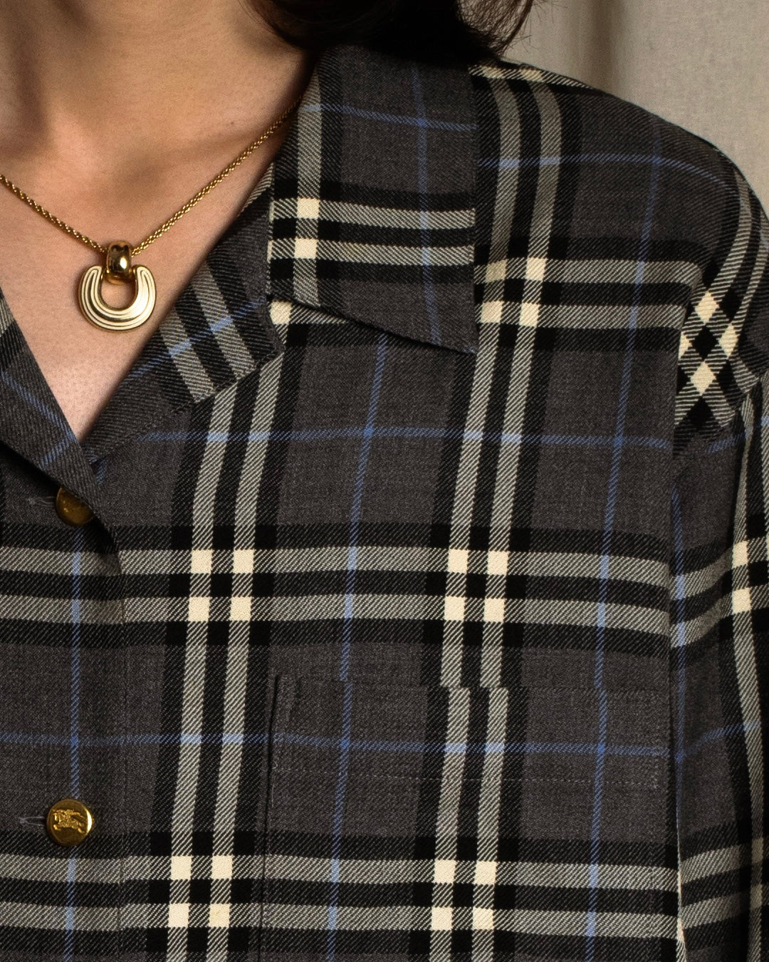 "BURBERRYS" Gold metal button design check pattern wool shirt
