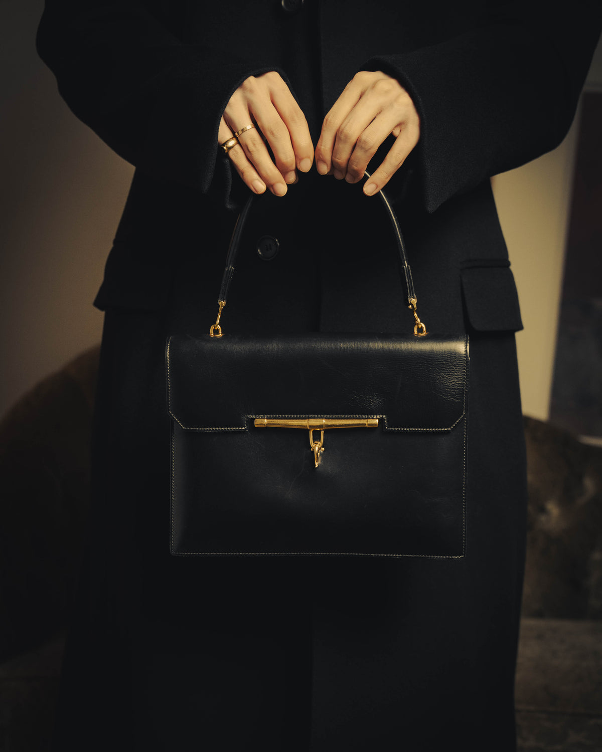 -SPECIAL- “HERMÈS” 60’s-70’s Palonnier black leather structured shoulder bag