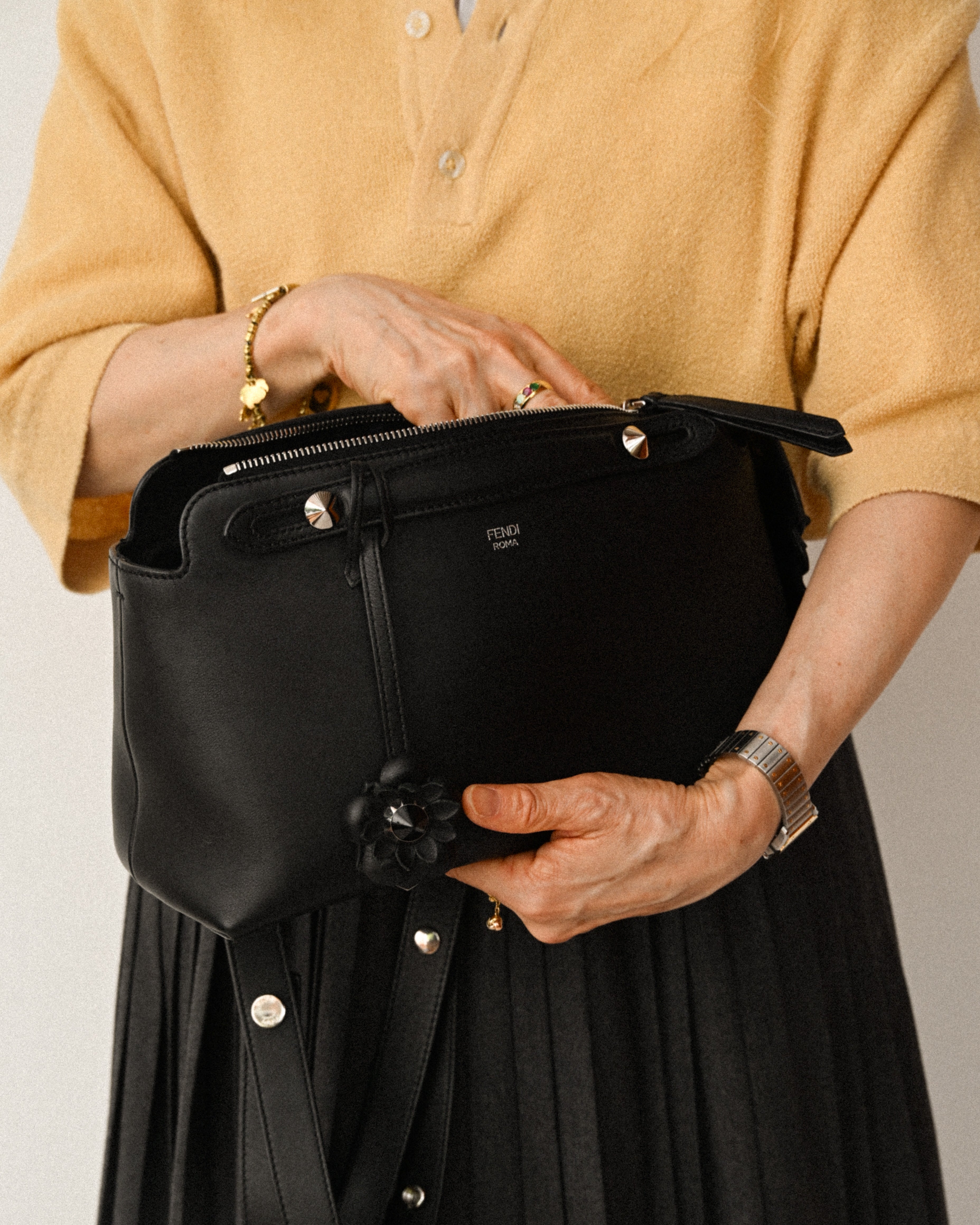 FENDI/ “By The Way Medium” Flower Detailed 2 Way Hand Bag Black