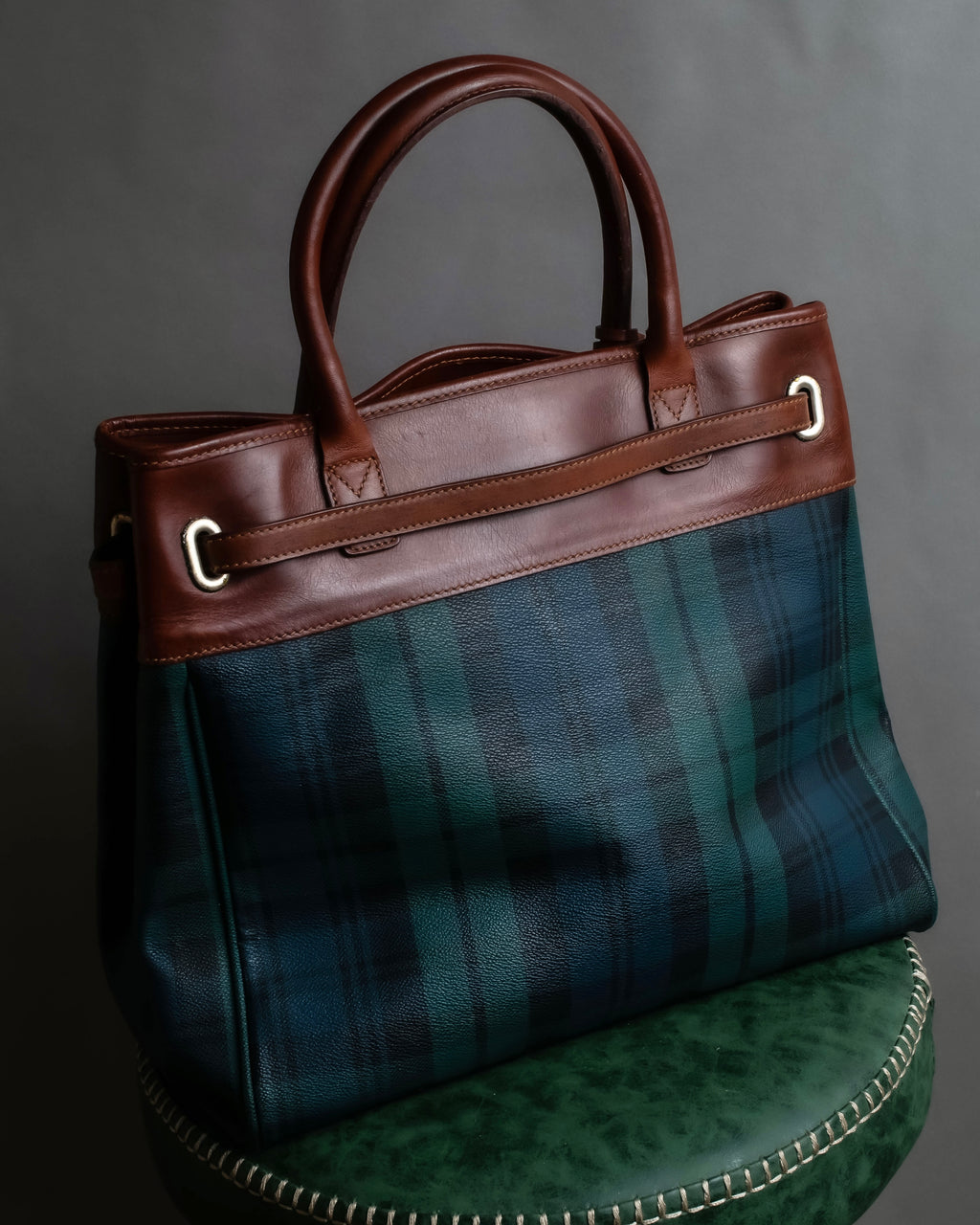 "Ralph Lauren" Blackwatch check canvas leather combination bag