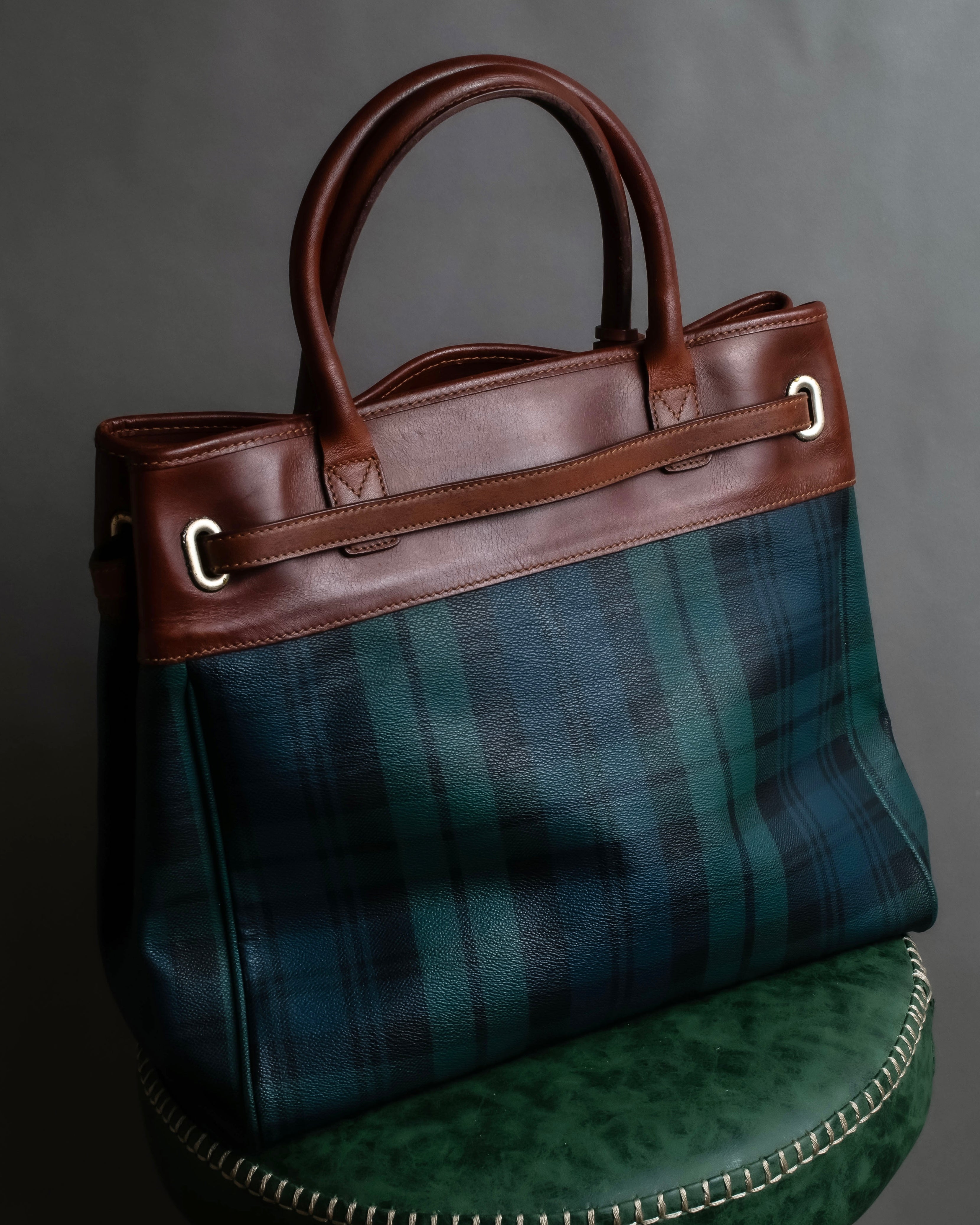 "Ralph Lauren" Blackwatch check canvas leather combination bag