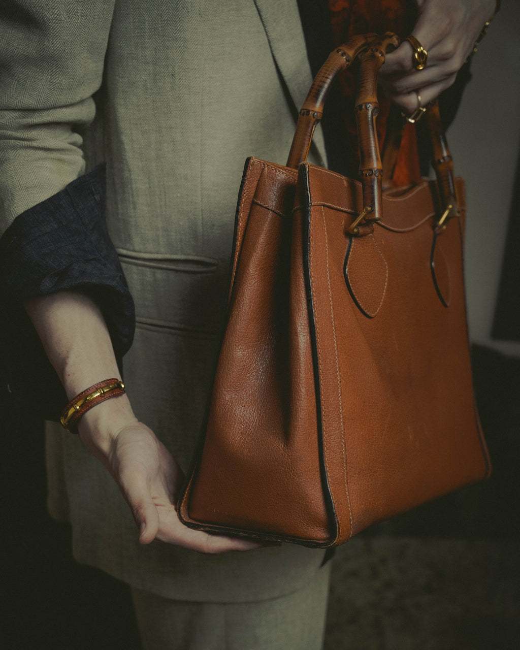 "GUCCI" 80's-90's Bamboo handle leather tote bag