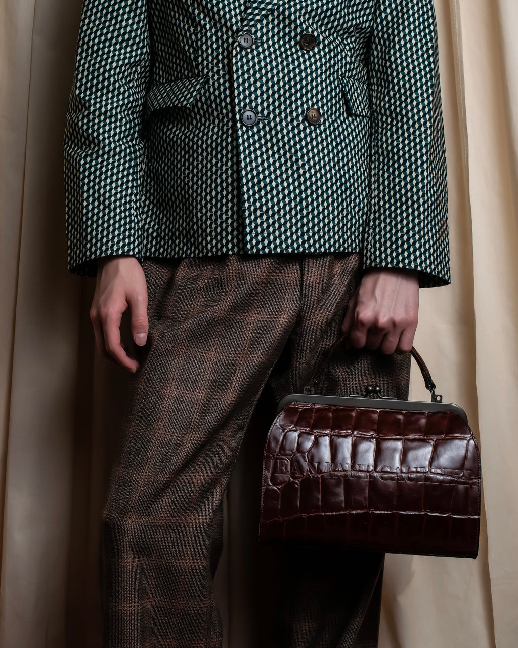 "JEAN PAUL GAULTIER" Logo engraved crocodile embossed 2way leather bag