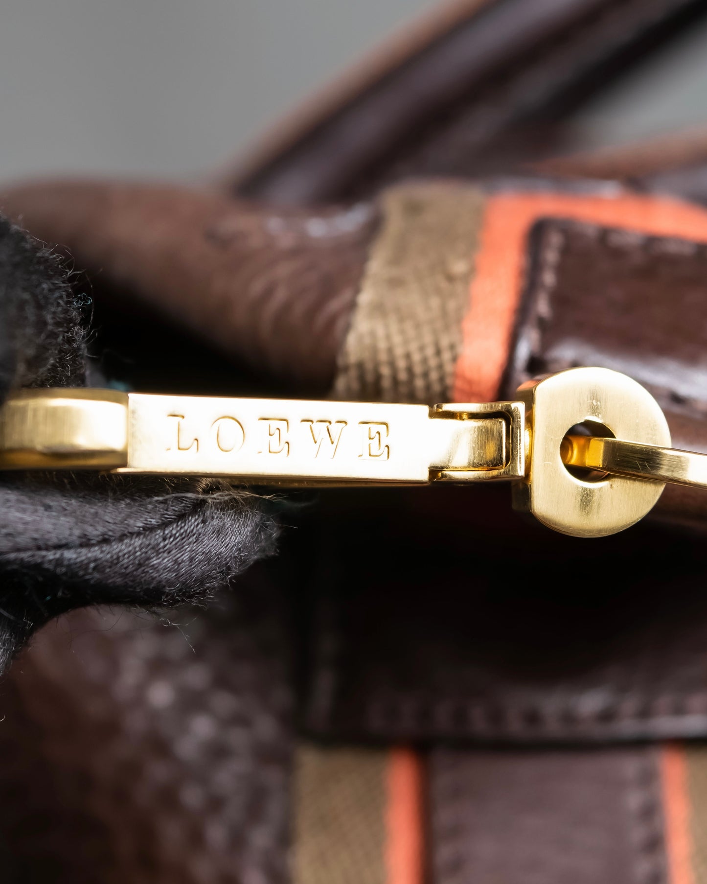 "LOEWE" Orange stitch design engraved logo leather boston bag