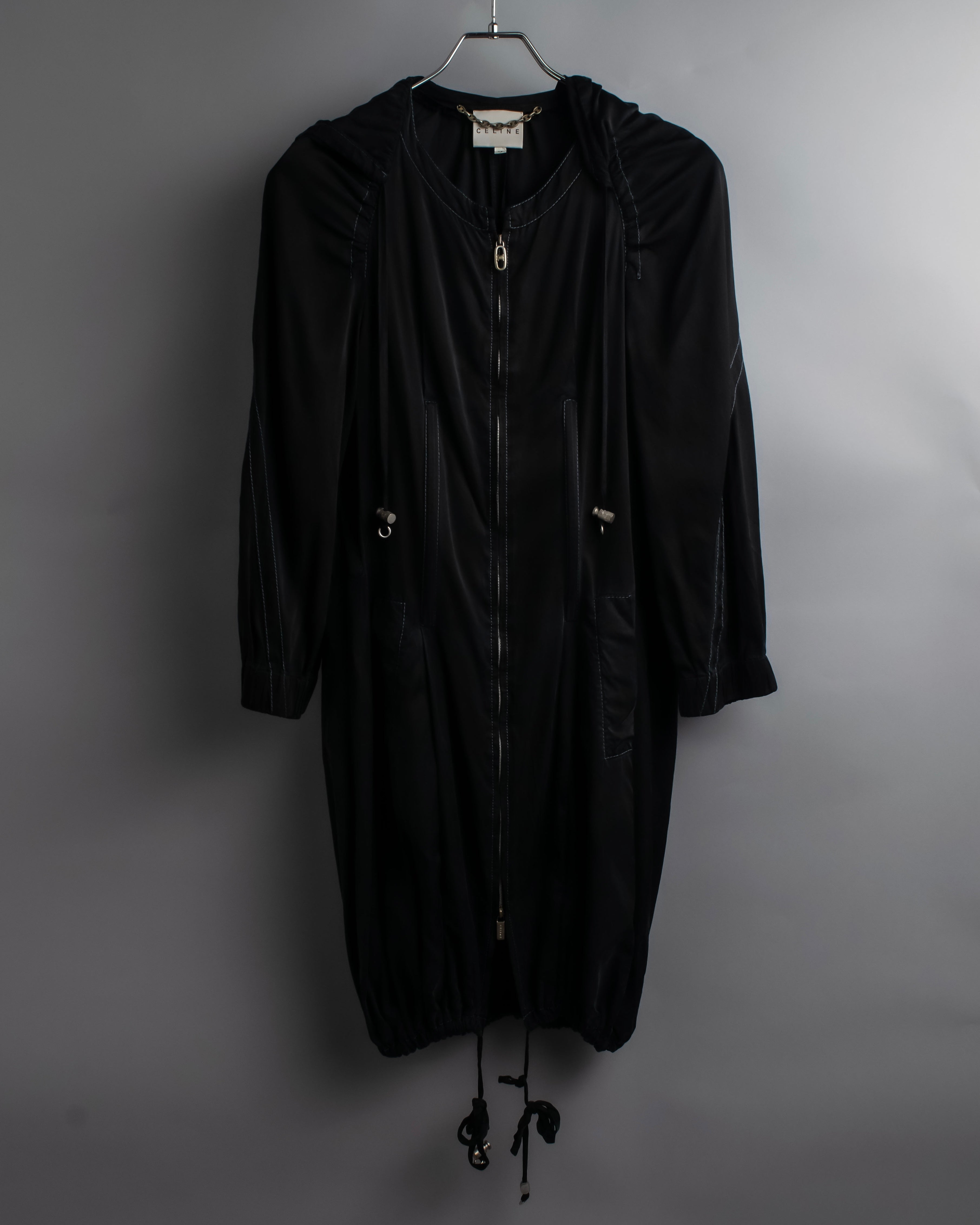 "CELINE" Gathered design hooded double zipper dress