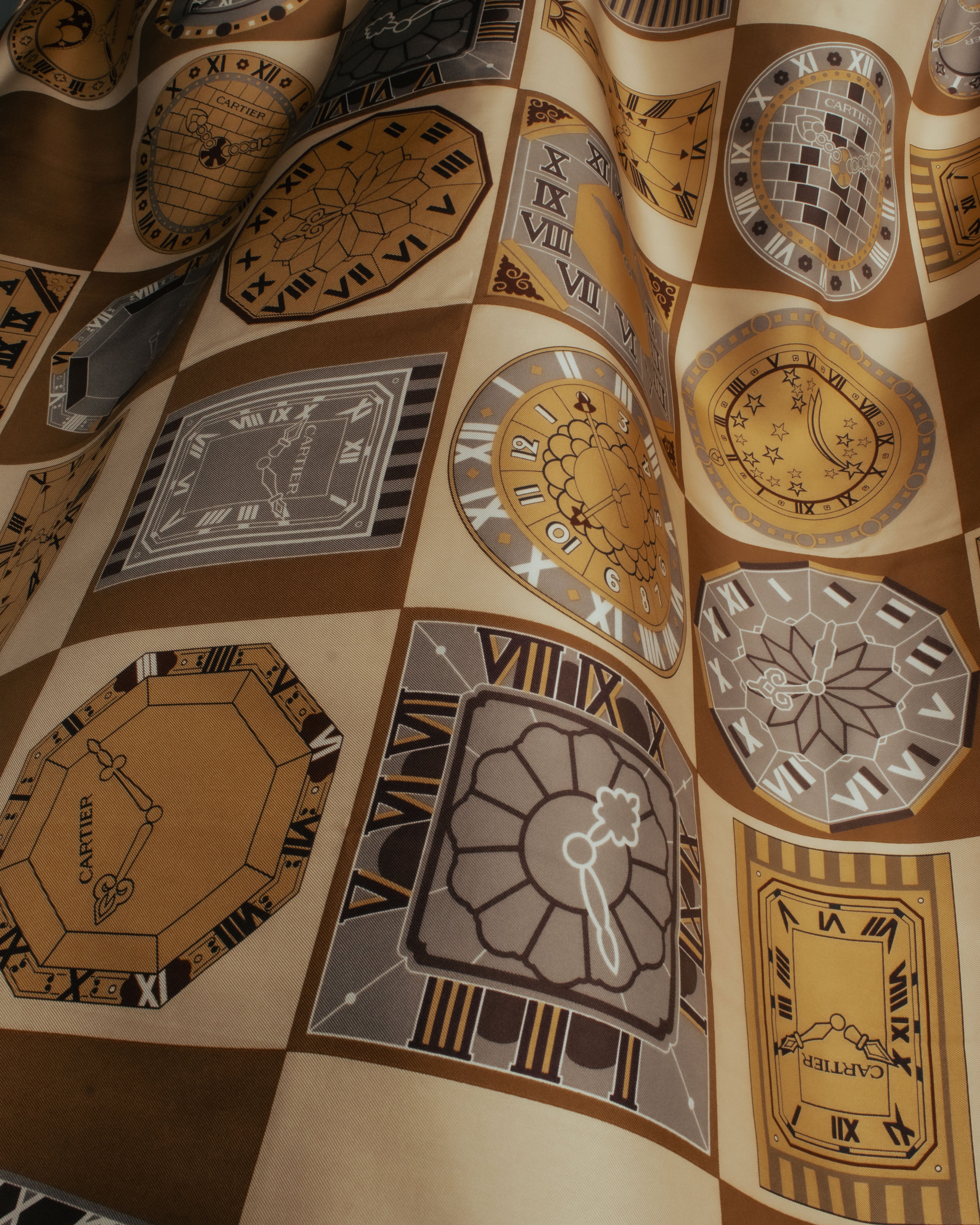“Cartier“ 80’s-90’s Timepiece motif silk scarf