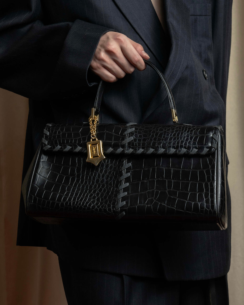 "YVES SAINT LAURENT" Whip stitch design crocodile foil stamped leather hand bag