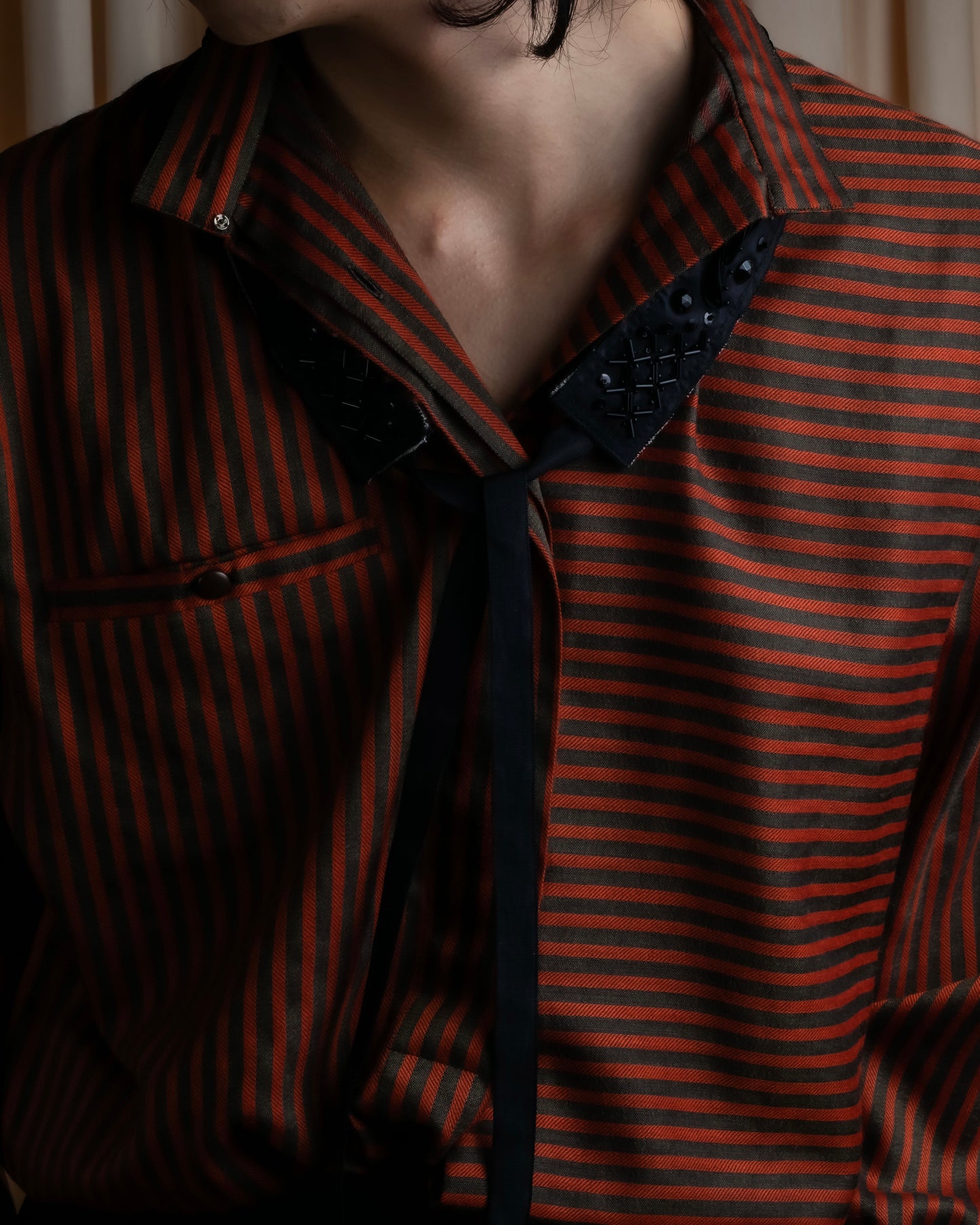 "Christian Dior" Striped＆bordered fly front collarless jacket