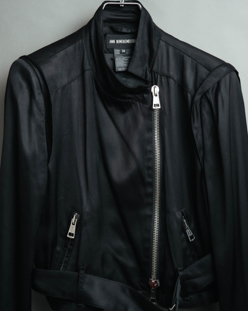 -SPECIAL- “ANN DEMEULEMEESTER” Pre-2012 asymmetric cropped satin biker jacket