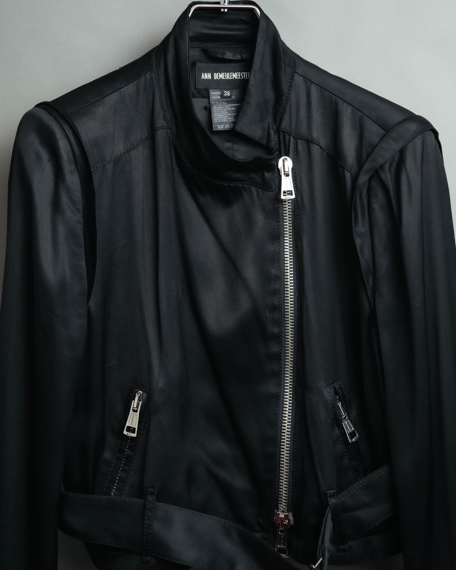 -SPECIAL- “ANN DEMEULEMEESTER” Pre-2012 asymmetric cropped satin biker jacket