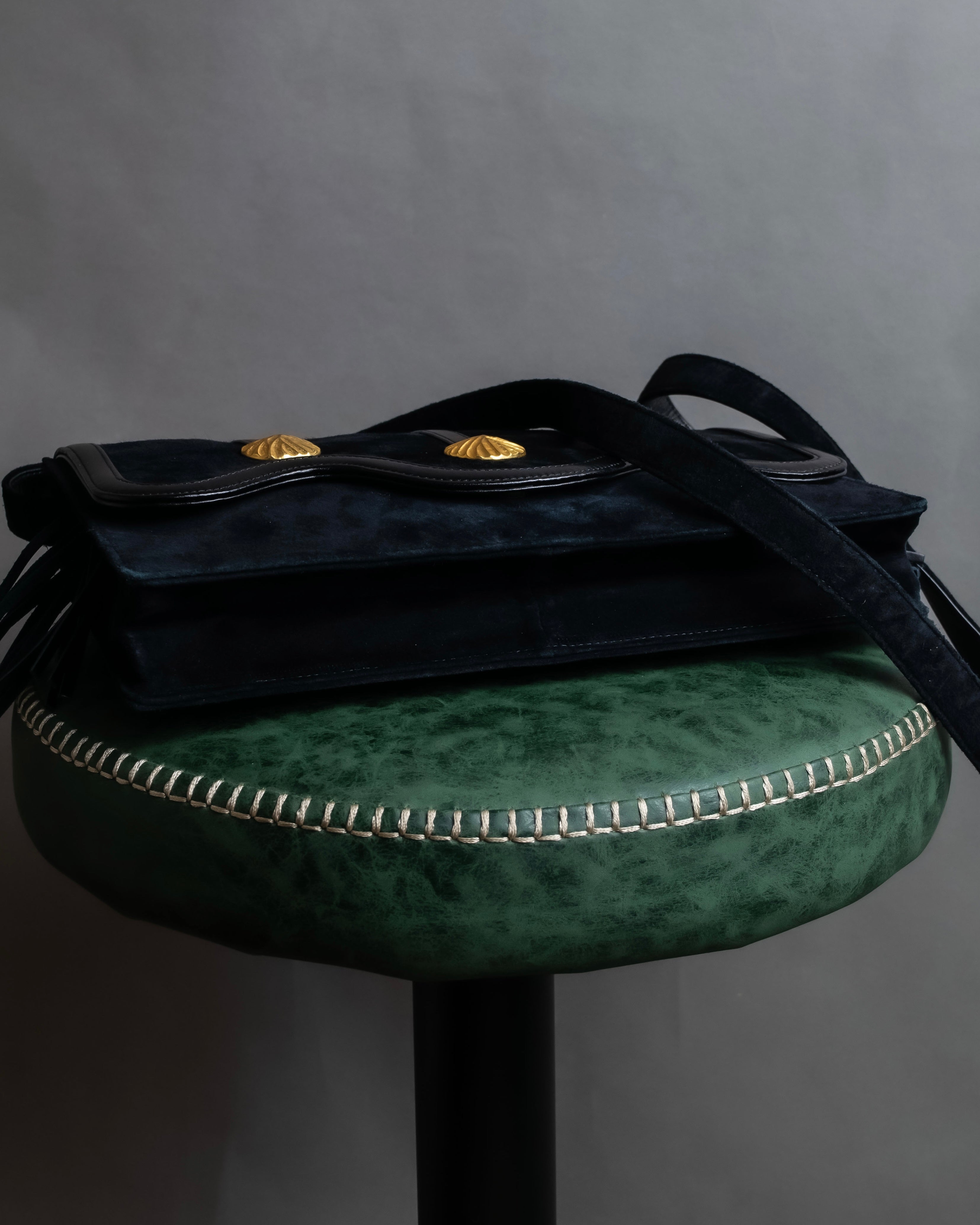 "YVES SAINT LAURENT" Gold medallion motif design suede leather shoulder bag