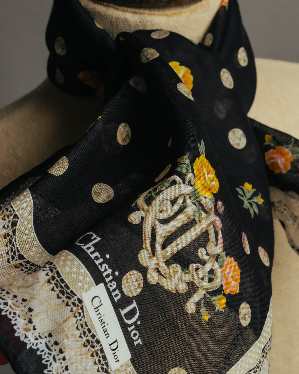 “Christian Dior” 90’s-00’s Romantic dot floral handkerchief scarf