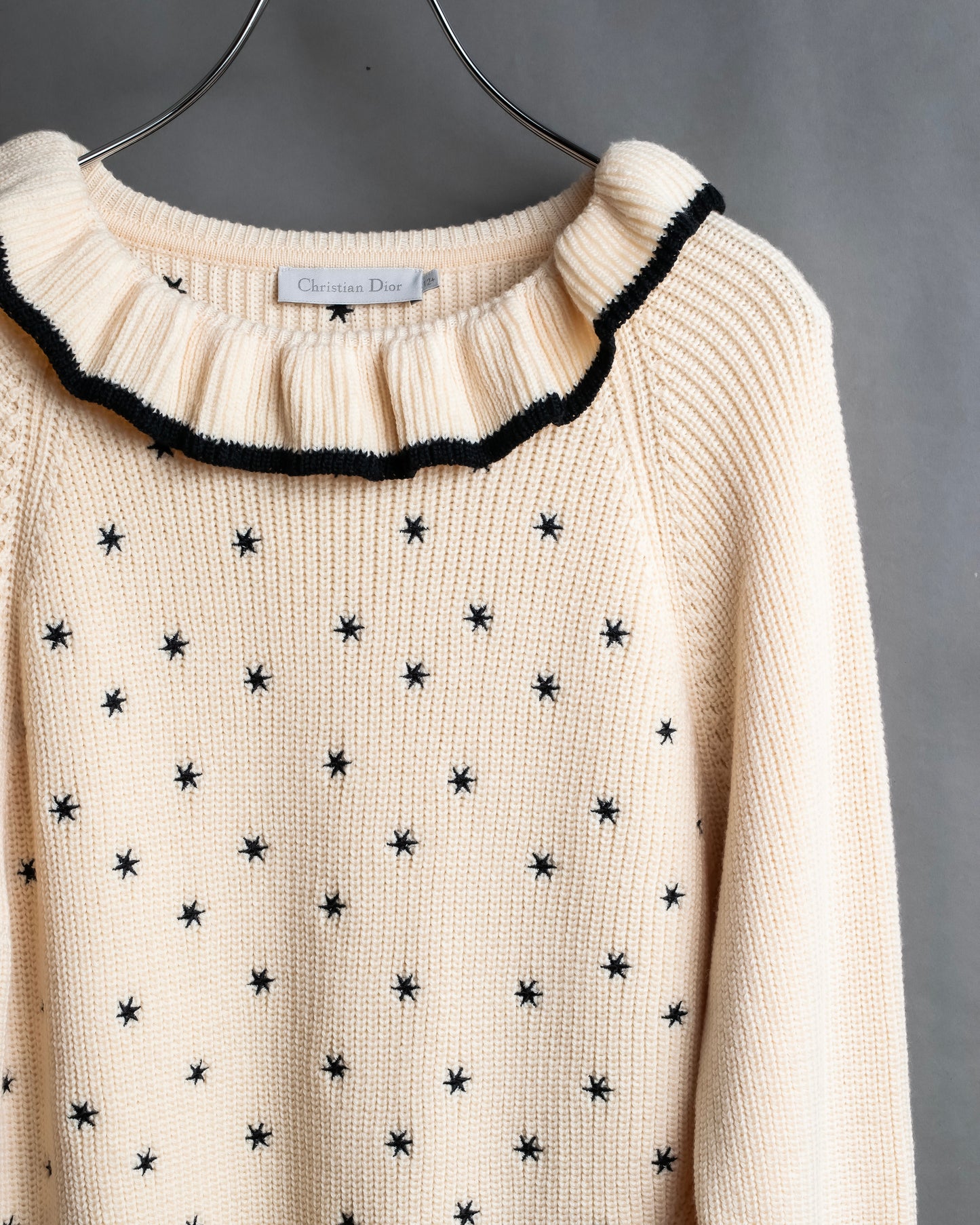 "Christian Dior" Star print frill detail cable knit tunic pullover