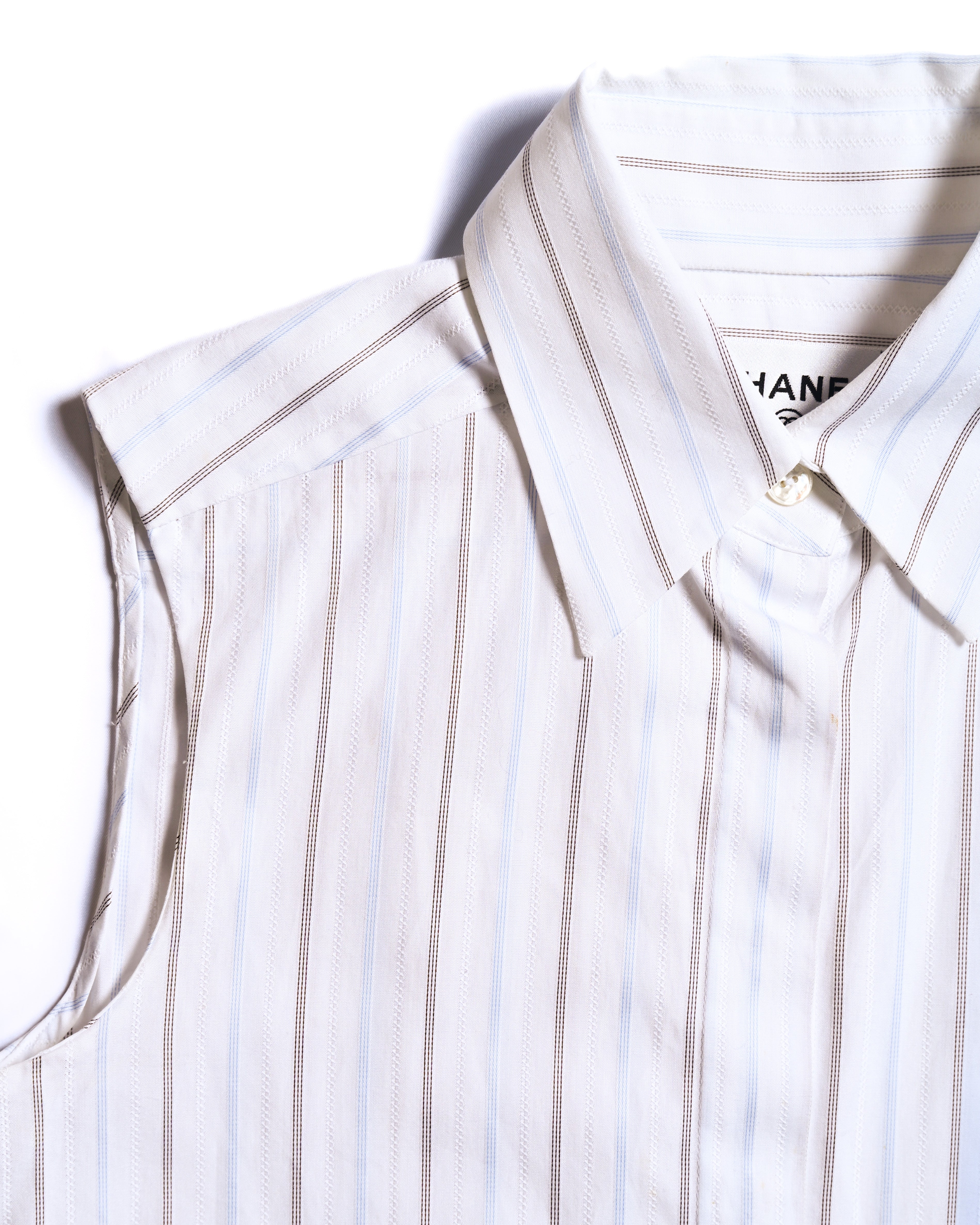 CHANEL/ 2003 Fly Front Design Striped No Sleeve Shirt White