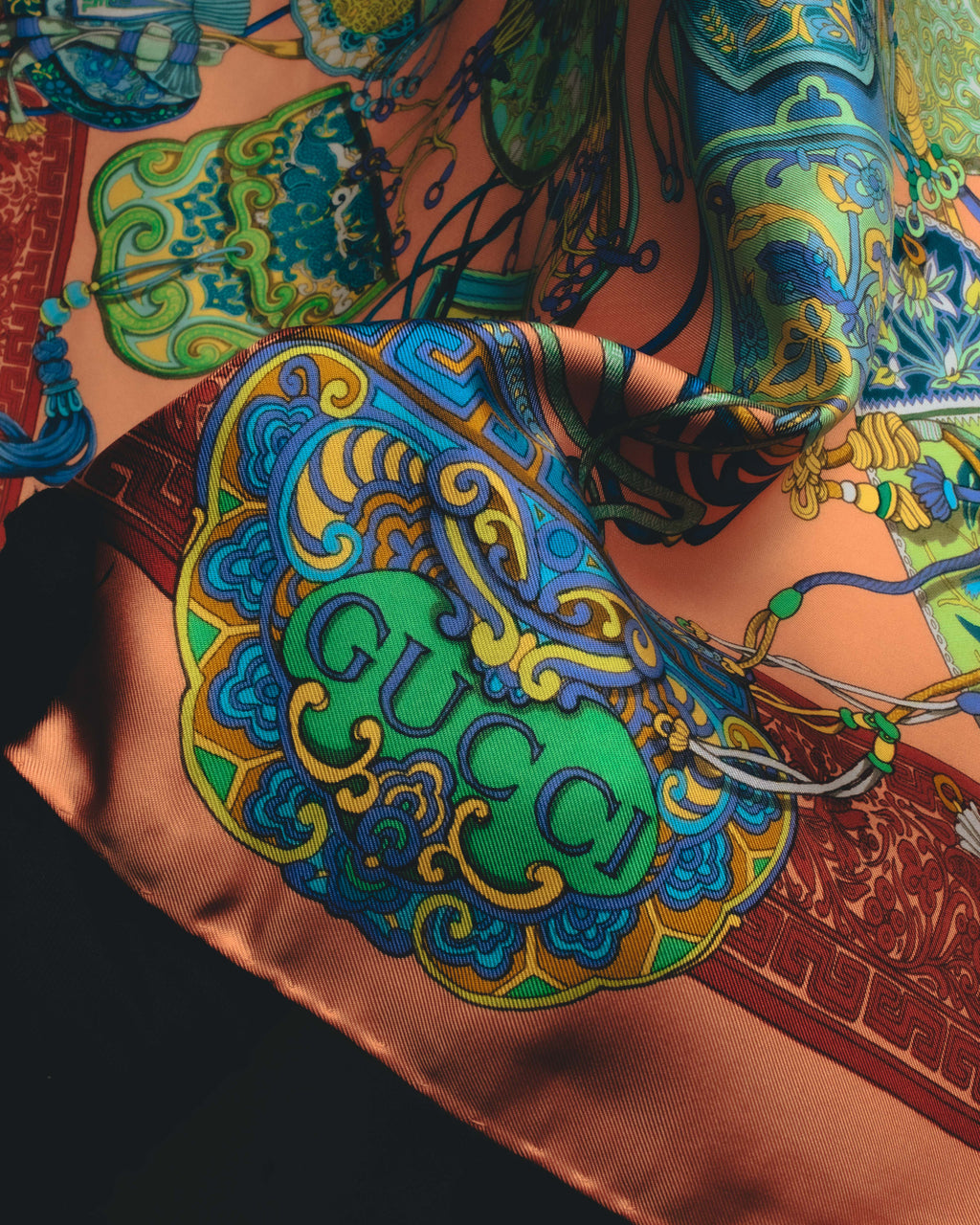 "GUCCI" Late 70's-early 90's oriental motif silk scarf