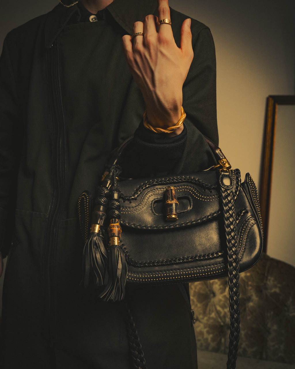 –SPECIAL– "GUCCI" 10's Embellished bamboo leather handbag