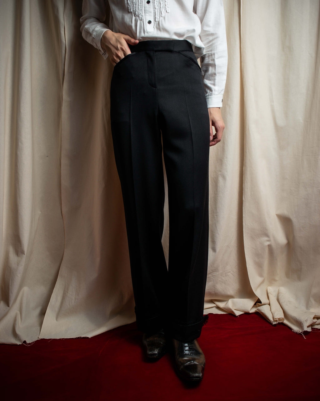 "CHANEL" Fringe design high waist straight cut slacks