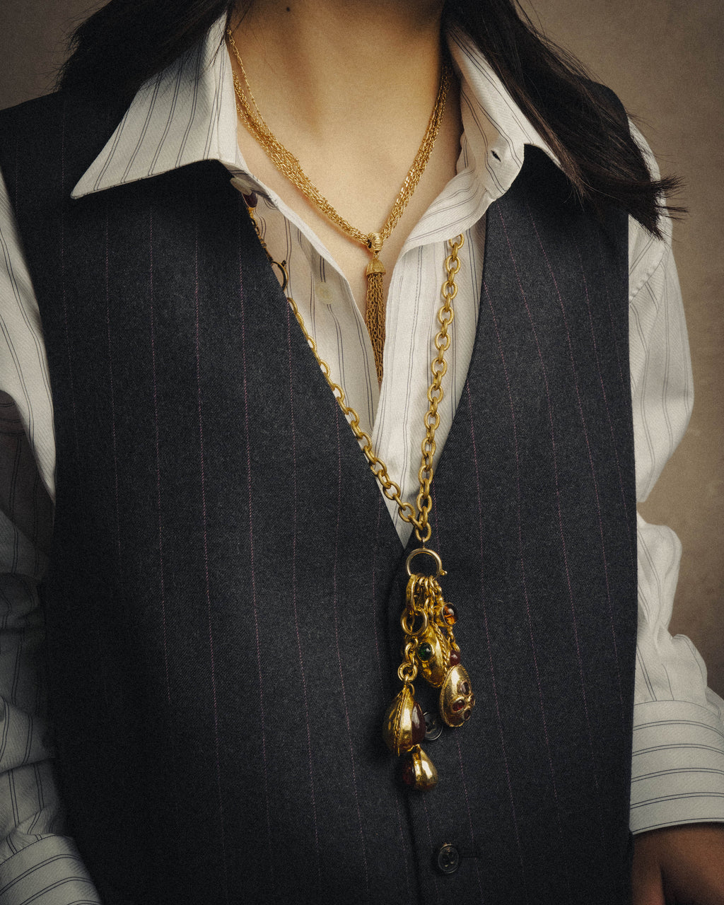 -SPECIAL - “CHANEL” 70’s-80’s Gripoix glass cabochon charm sautoir necklace