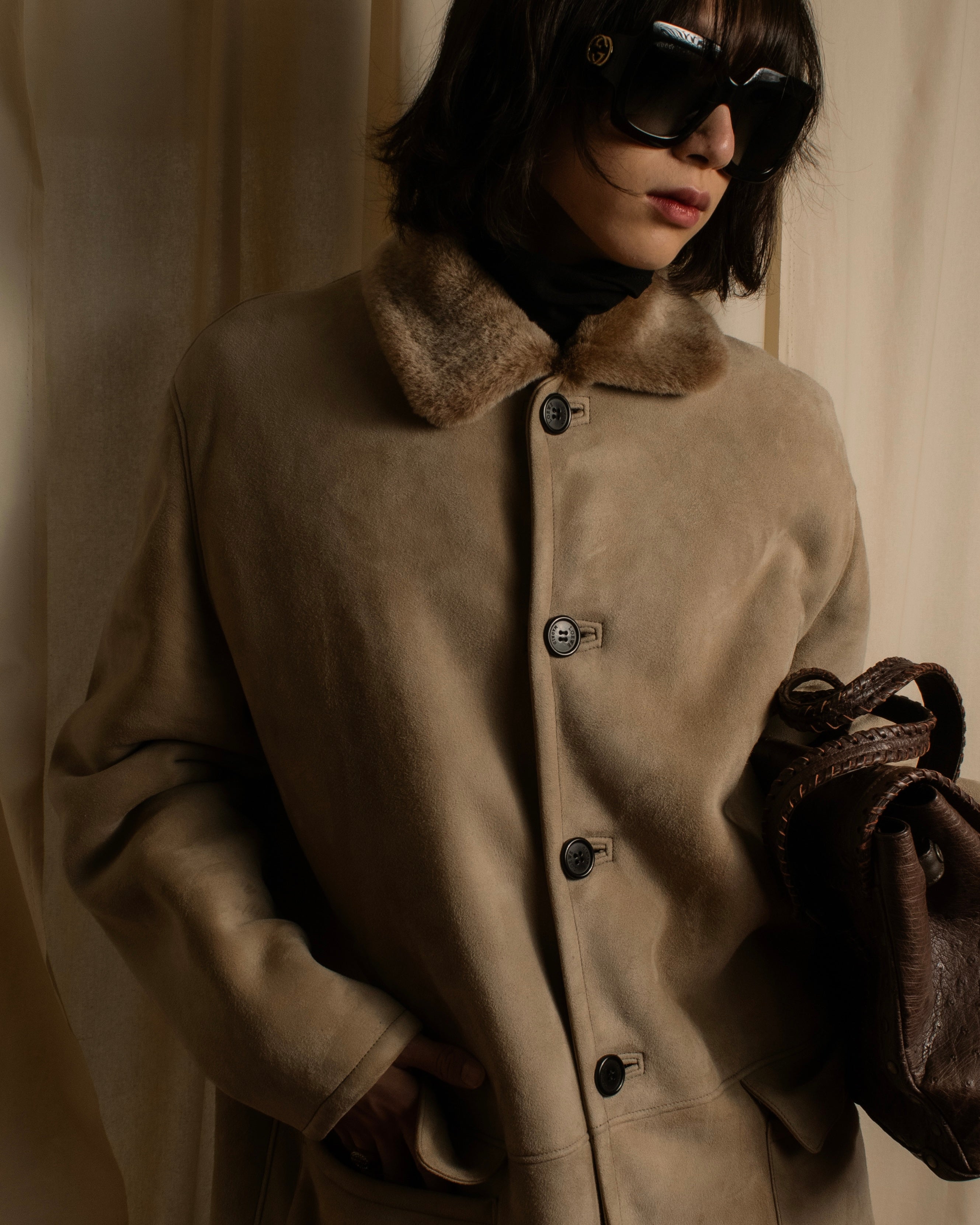 LOEWE (ロエベ) - ファーカラー ラムスキン ロングコート - ベージュ