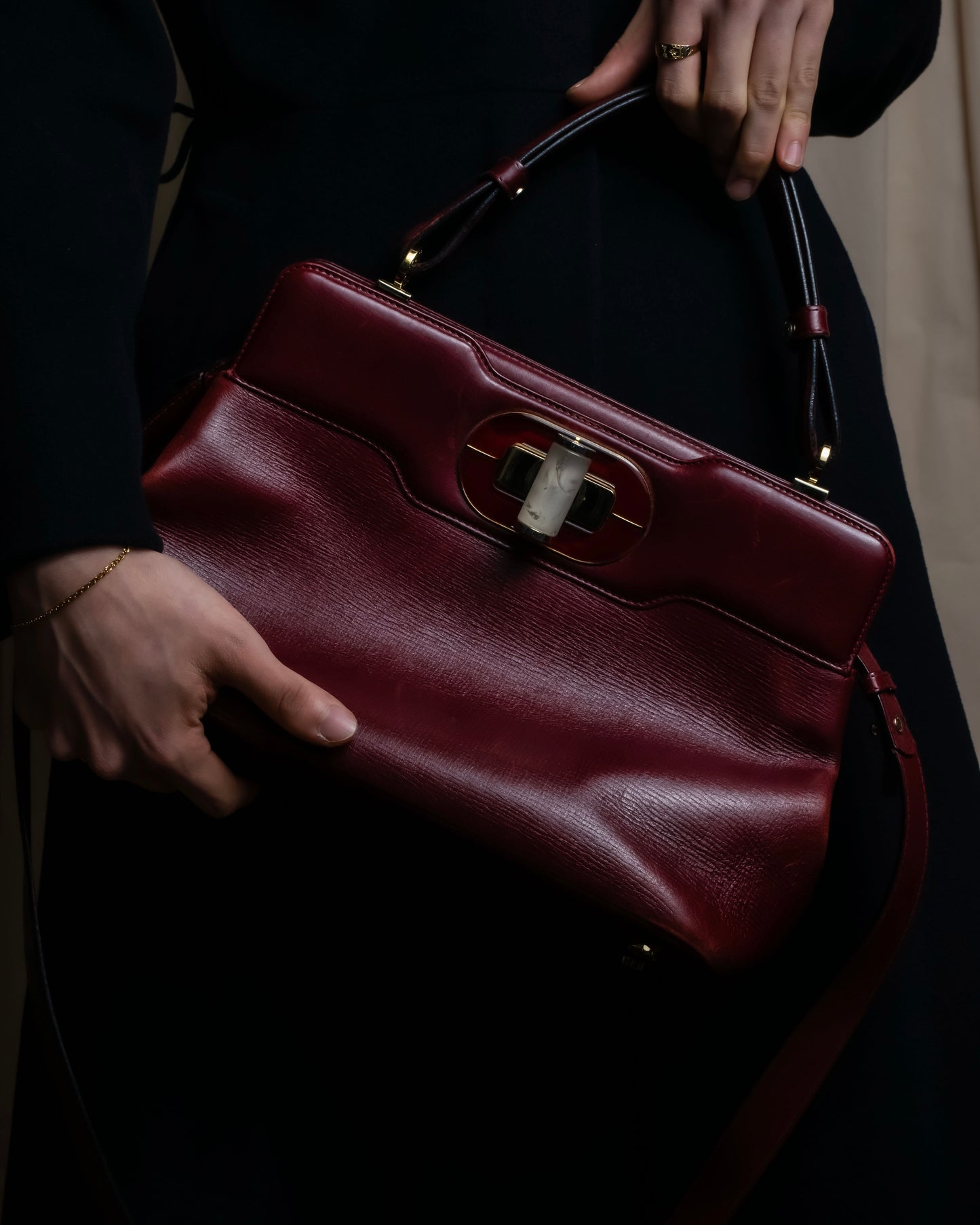 "BVLGARI" Marble motif burgundy color leather shoulder bag